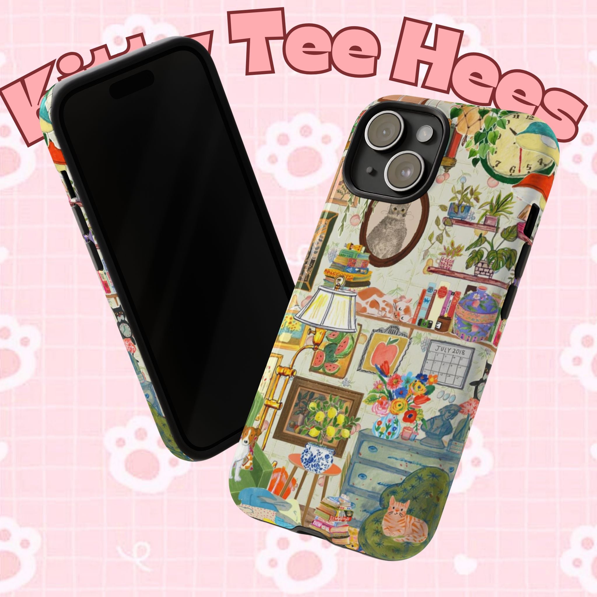 Printify's cute cat framed phone case featuring a cozy living room pet portrait design for iPhone 17, stylish and protective.
