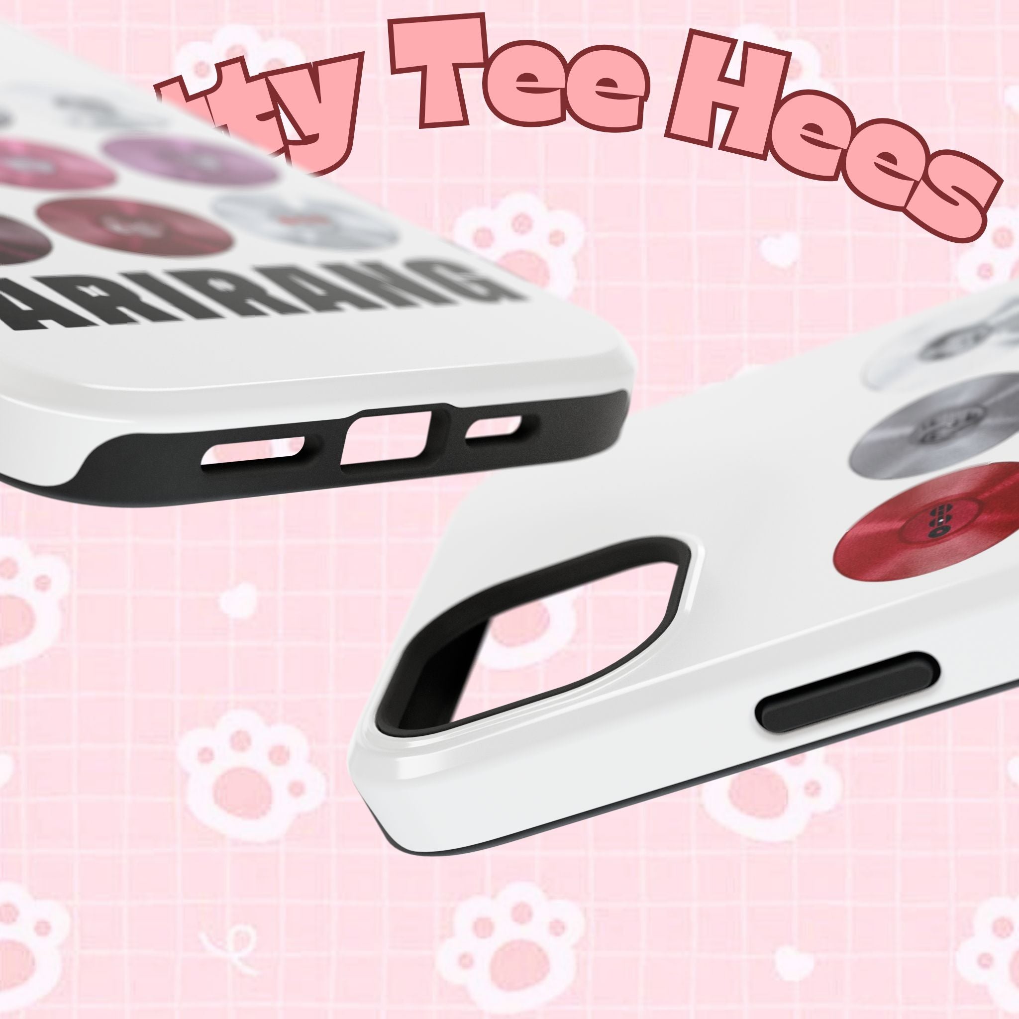 Impact-resistant phone case with BTS Arirang vinyl record grid design, featuring Bangtan Boys fan merch style.