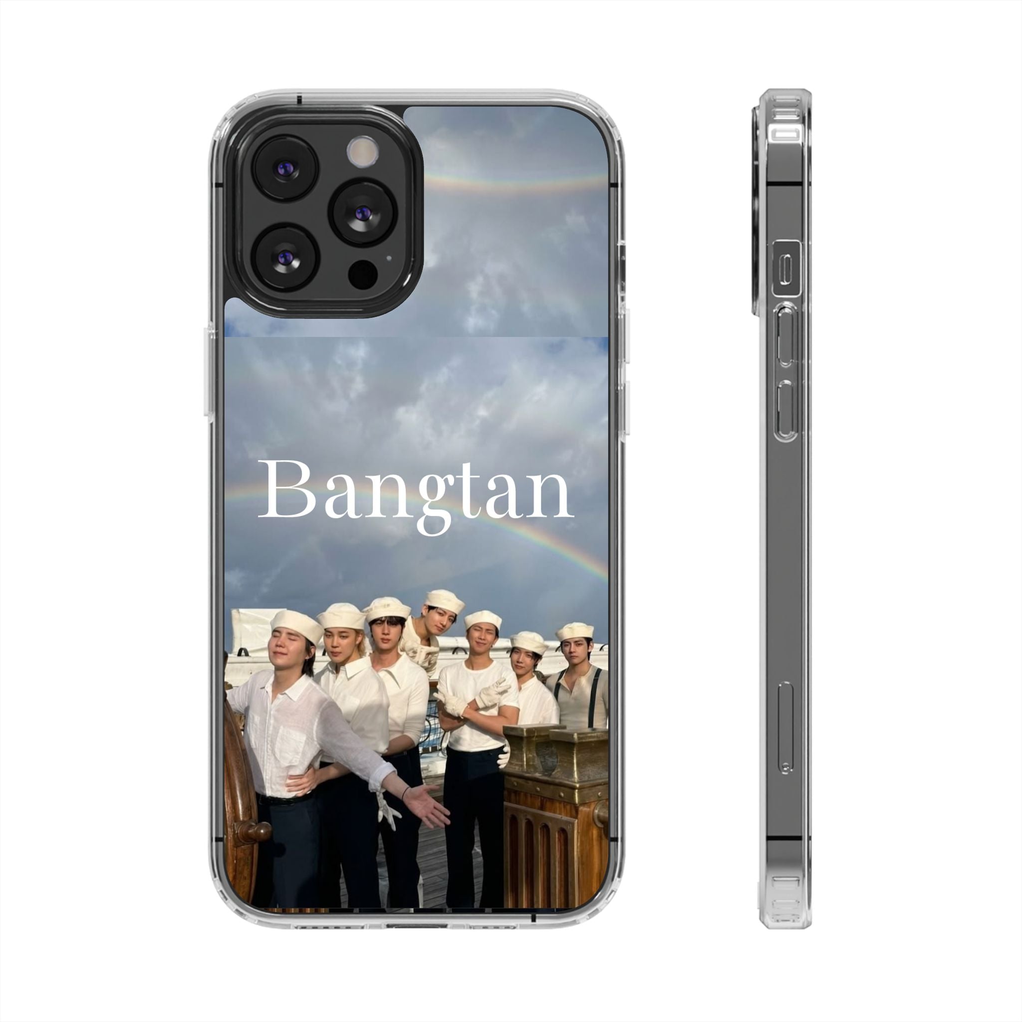 Clear impact-resistant phone case featuring cute Bangtan BTS K-pop design for smartphones.