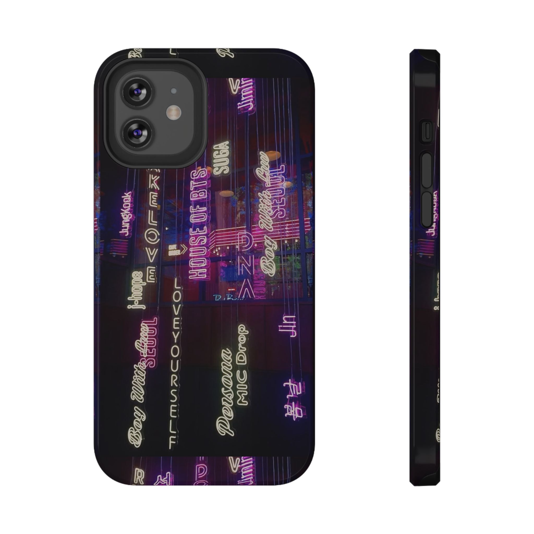 Neon Korean script BTS phone case for iPhone and Samsung, impact-resistant case with Bangtan Sonyeondan design by Printify.