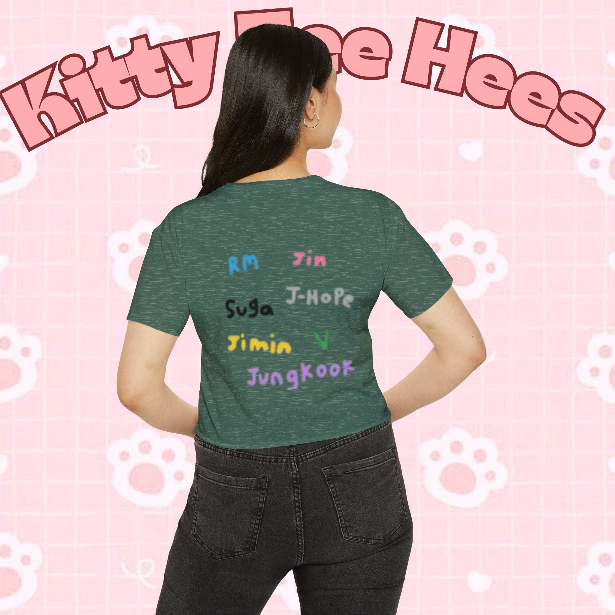 Colorful BTS kidcore T-shirt featuring Bangtan Boys K-pop group photo, women's crop top by Printify, perfect for festival fashion.
