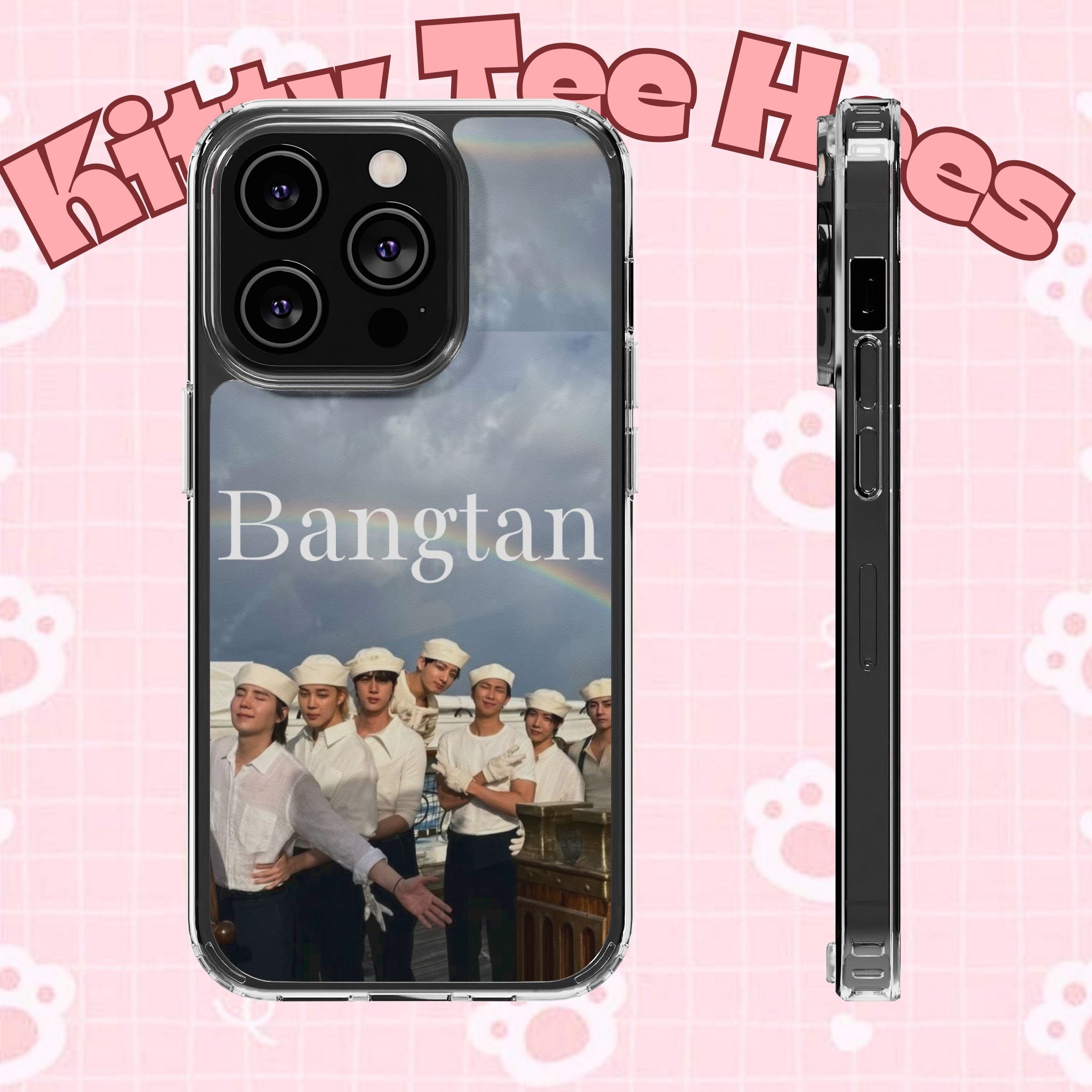 Clear impact-resistant phone case featuring Bangtan BTS K-pop design, perfect for protecting and showcasing your phone.