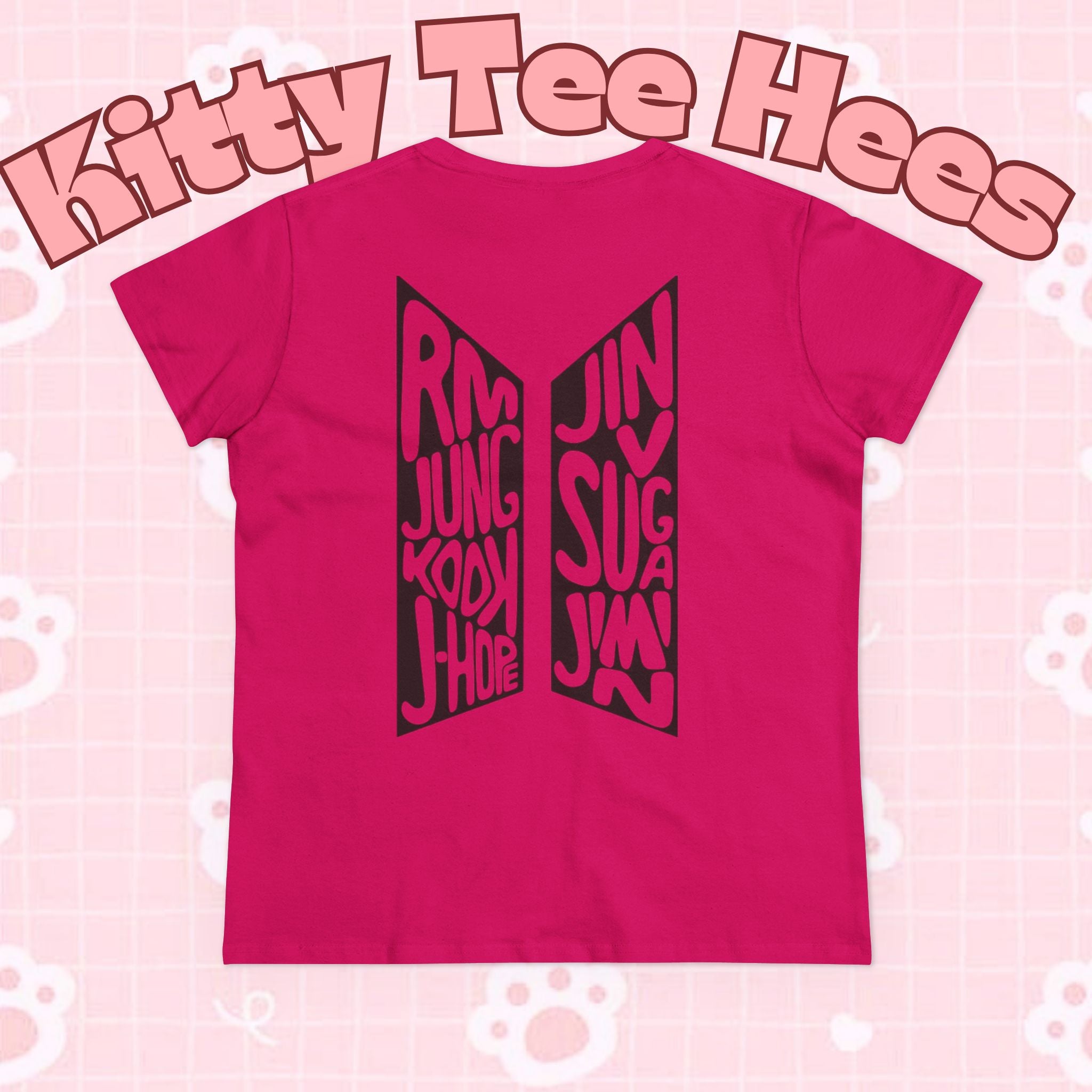 BTS ARIRANG graphic T-shirt featuring BTS logo and member names, casual printify branded tee for fans of Bangtan Boys