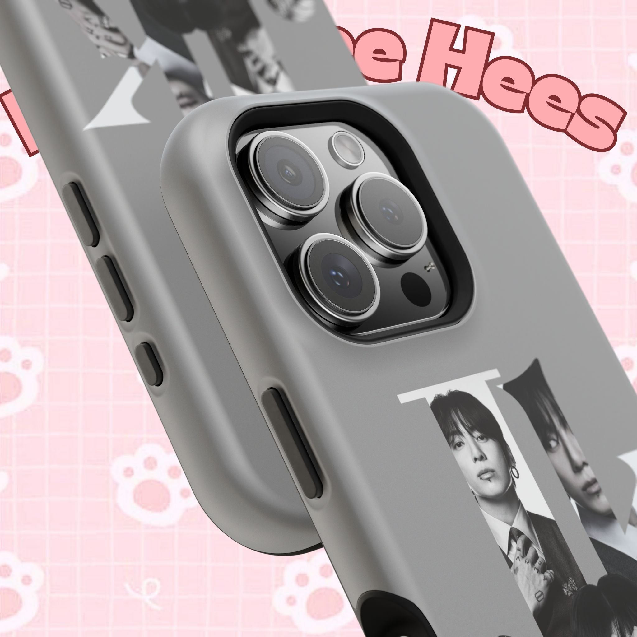 Monochrome BTS Jungkook phone case with letter design, impact-resistant Printify case featuring a stylish, protective cover for smartphones.