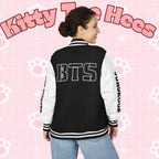 Personalized BTS logo letterman jacket with varsity style, featuring sleeve text and custom embroidery, made for fans and fashion.