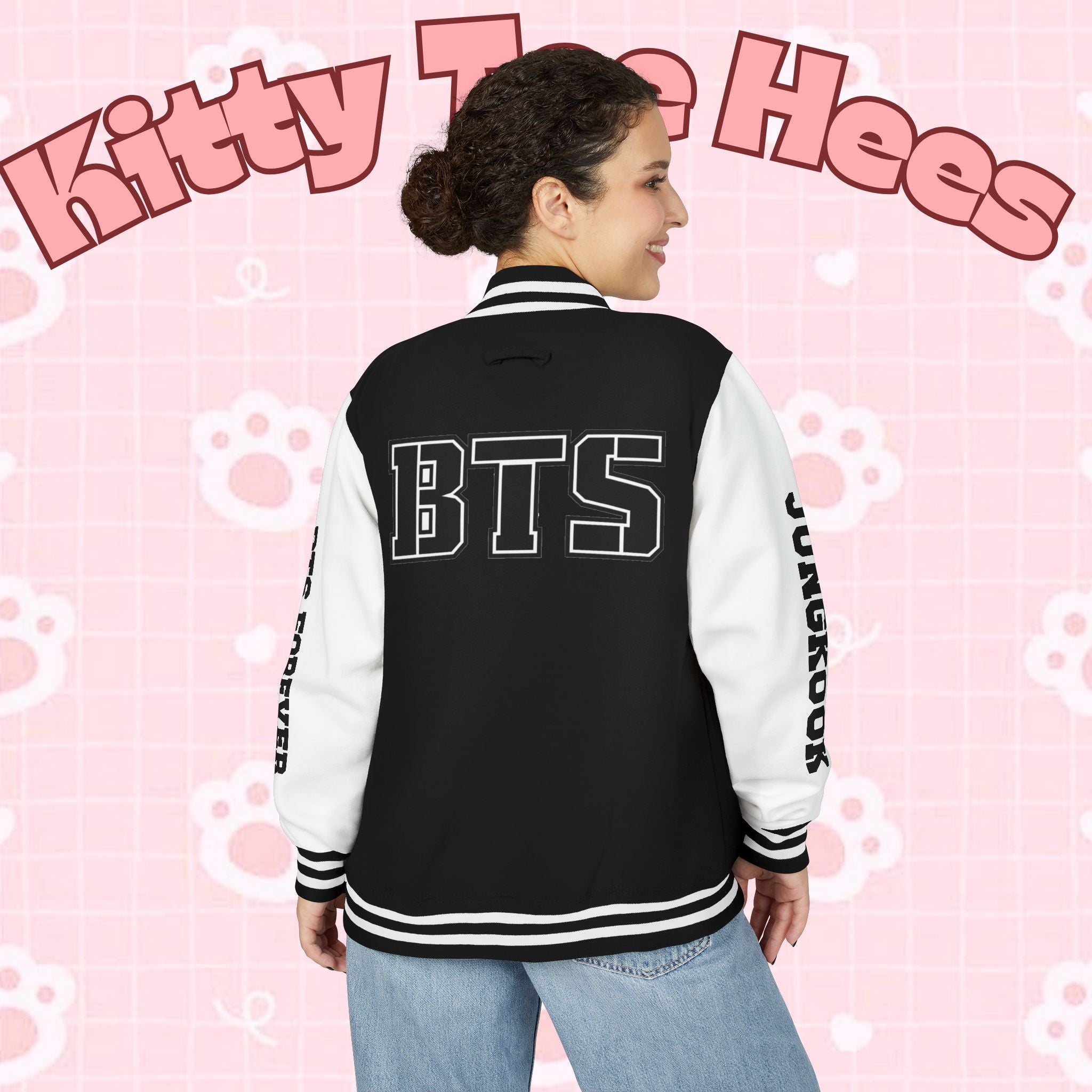 Personalized BTS logo letterman jacket with varsity style, featuring sleeve text and custom embroidery, made for fans and fashion.
