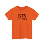Korean Hangul BTS Arirang T-shirt on a hanger, featuring BTS World Tour 2026 design and Bangtan concert fit from Printify.