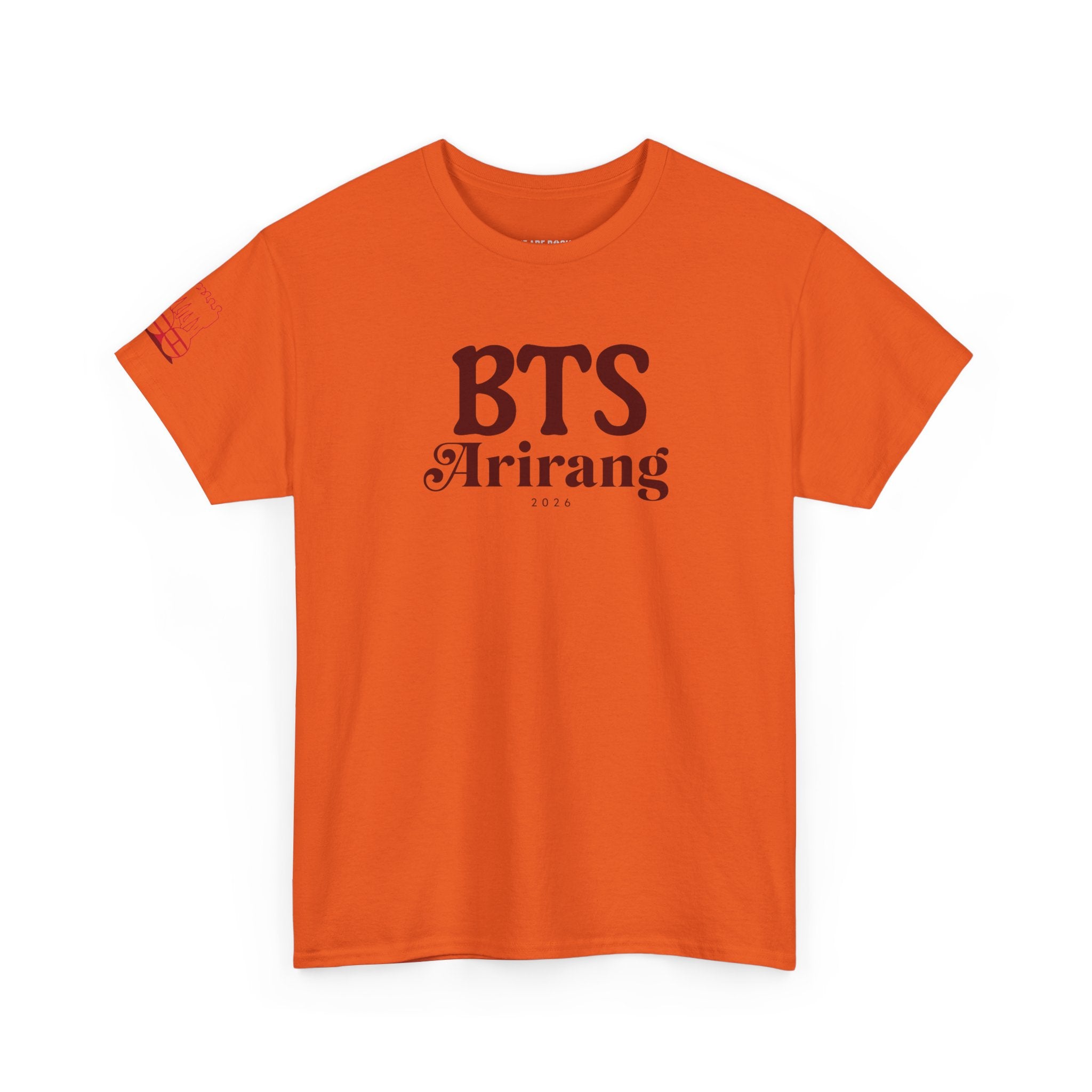 Korean Hangul BTS Arirang T-shirt on a hanger, featuring BTS World Tour 2026 design and Bangtan concert fit from Printify.