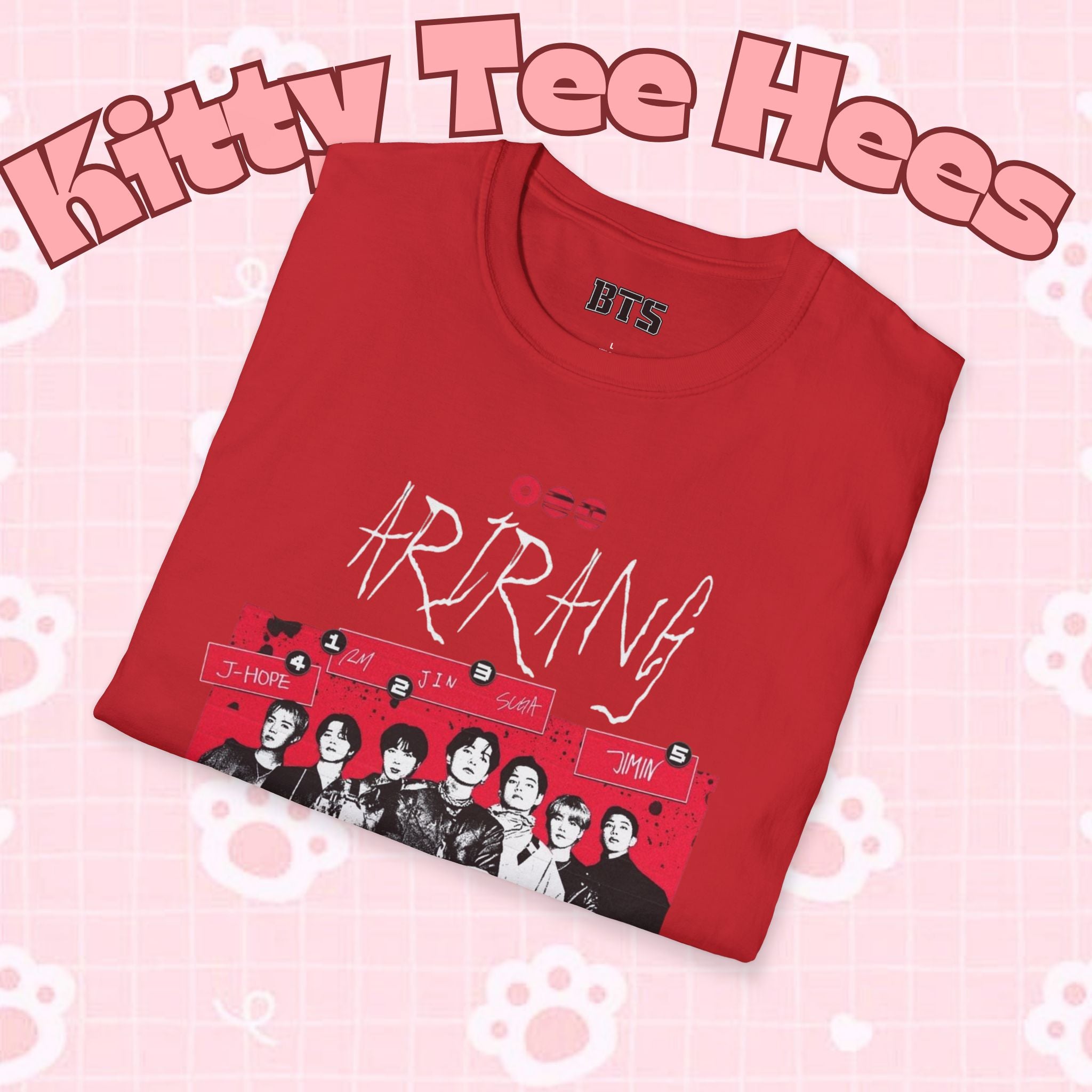 Arirang2026 BTS concert T-shirt featuring band photo, K-pop merch, Bangtan Boys logo, casual fit, Printify branding