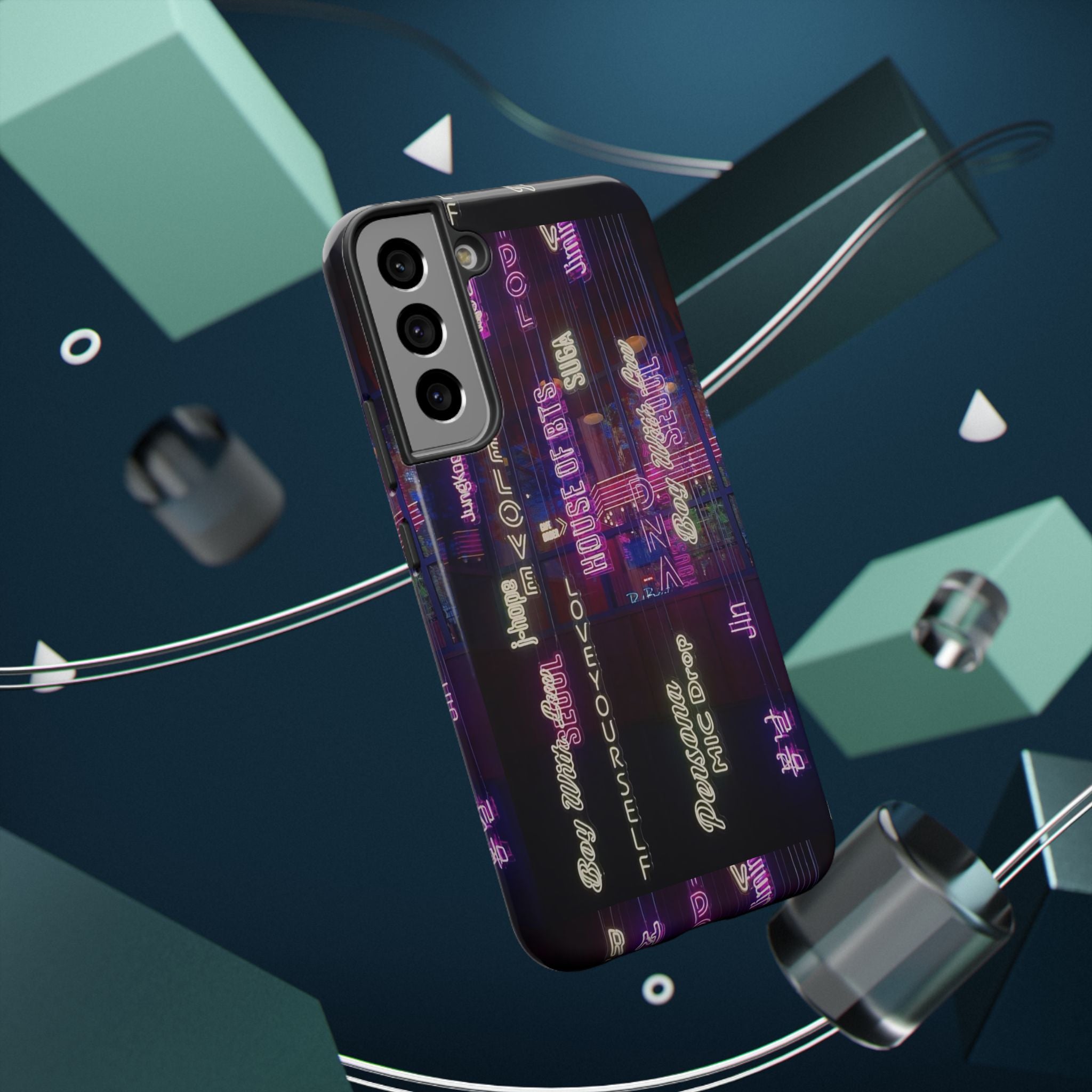 Neon Korean script impact-resistant phone case for iPhone and Samsung featuring BTS Bangtan Sonyeondan branding.