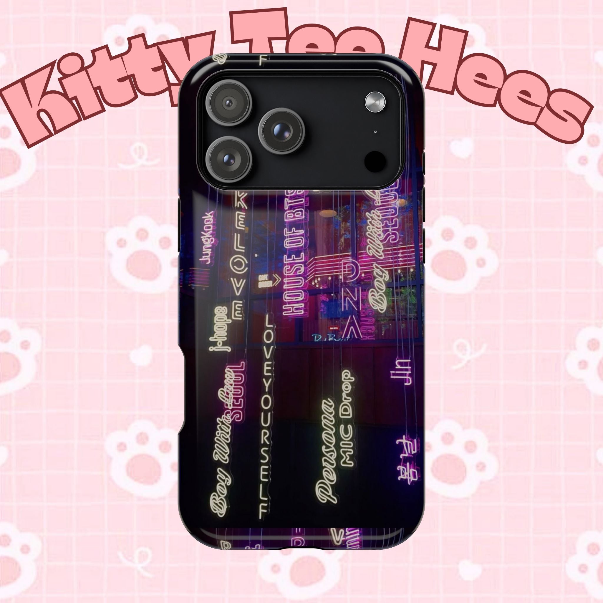 Neon Korean script BTS phone case for iPhone and Samsung, impact-resistant, featuring bold neon design with Korean text.