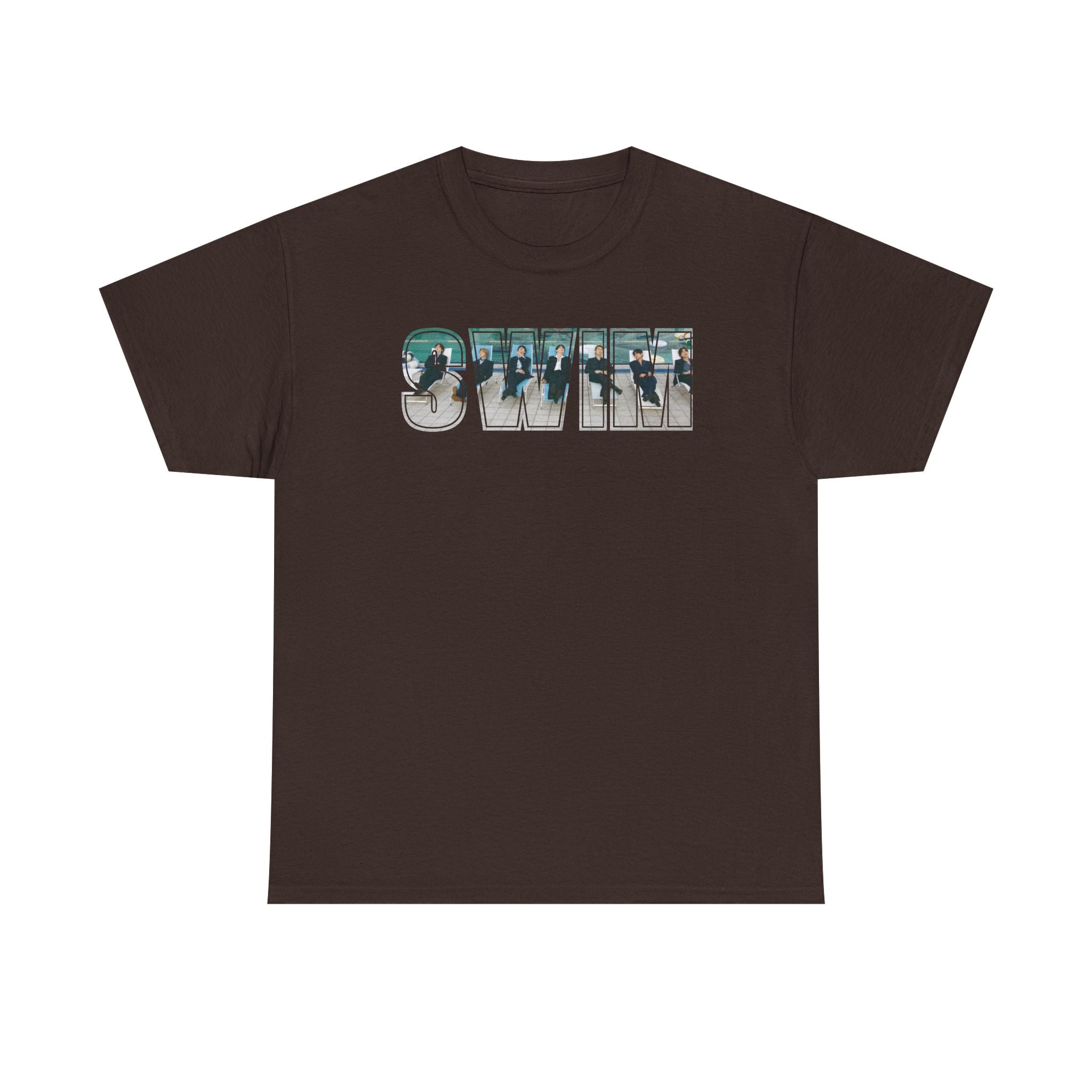 Printify BTS swim graphic T-shirt featuring a pool scene on the back, inspired by Bangtan Boys concert and swim themes.