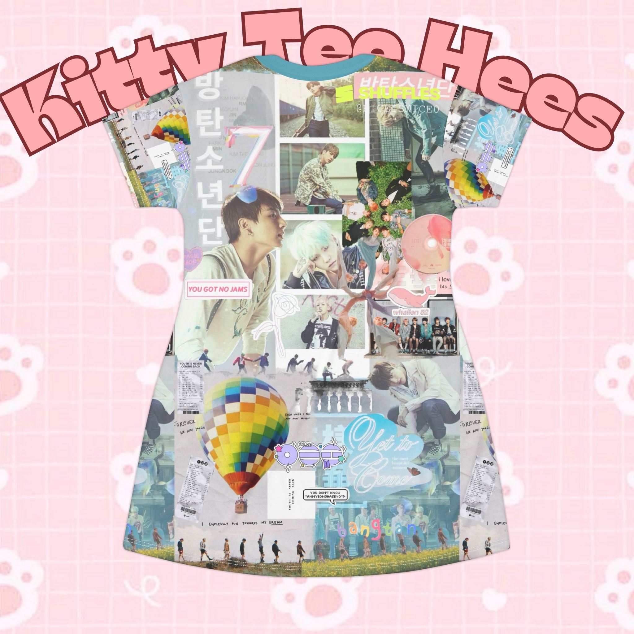 BTS inspired K-Pop collage T-shirt dress with allover print featuring vibrant music and pop culture graphics by Printify.