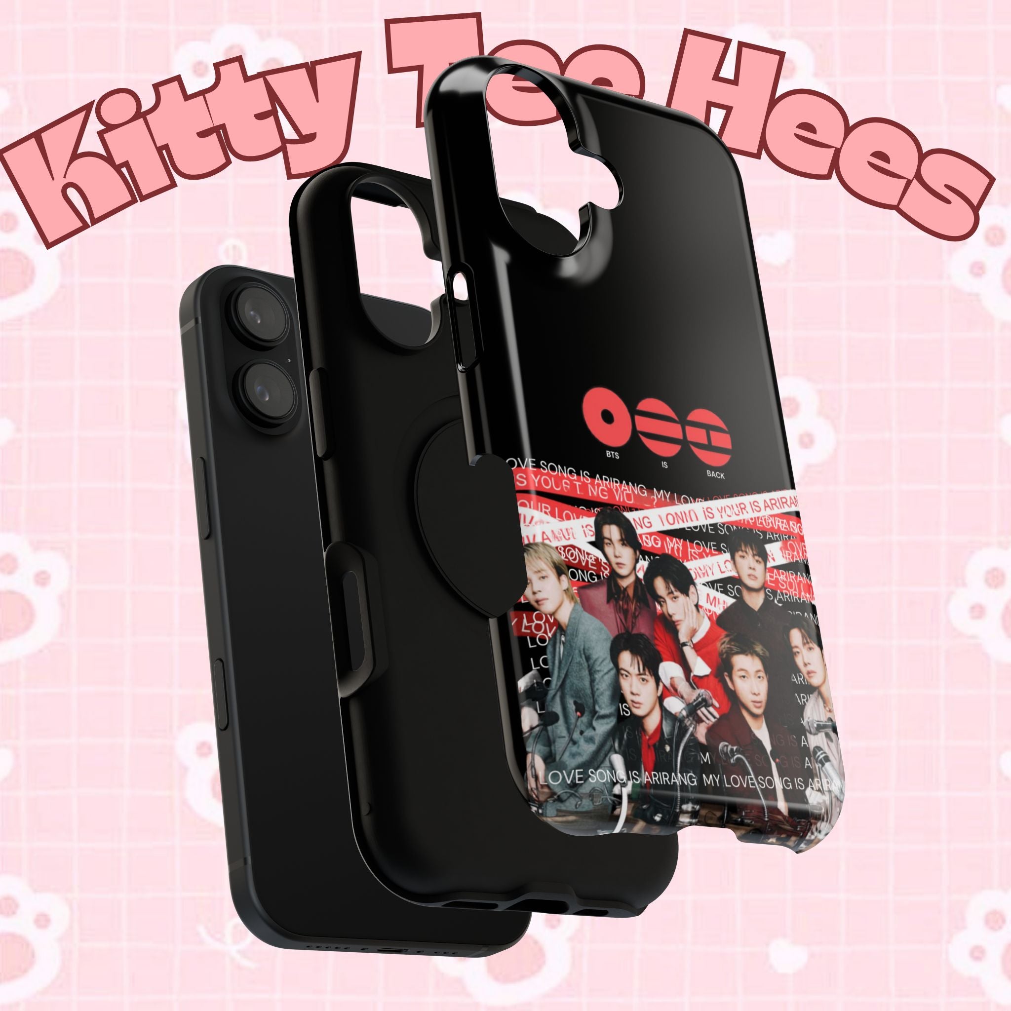 Custom BTS Bangtan phone case featuring fan-made K-Pop boy band design, impact-resistant Printify phone cover with concert-themed artwork.