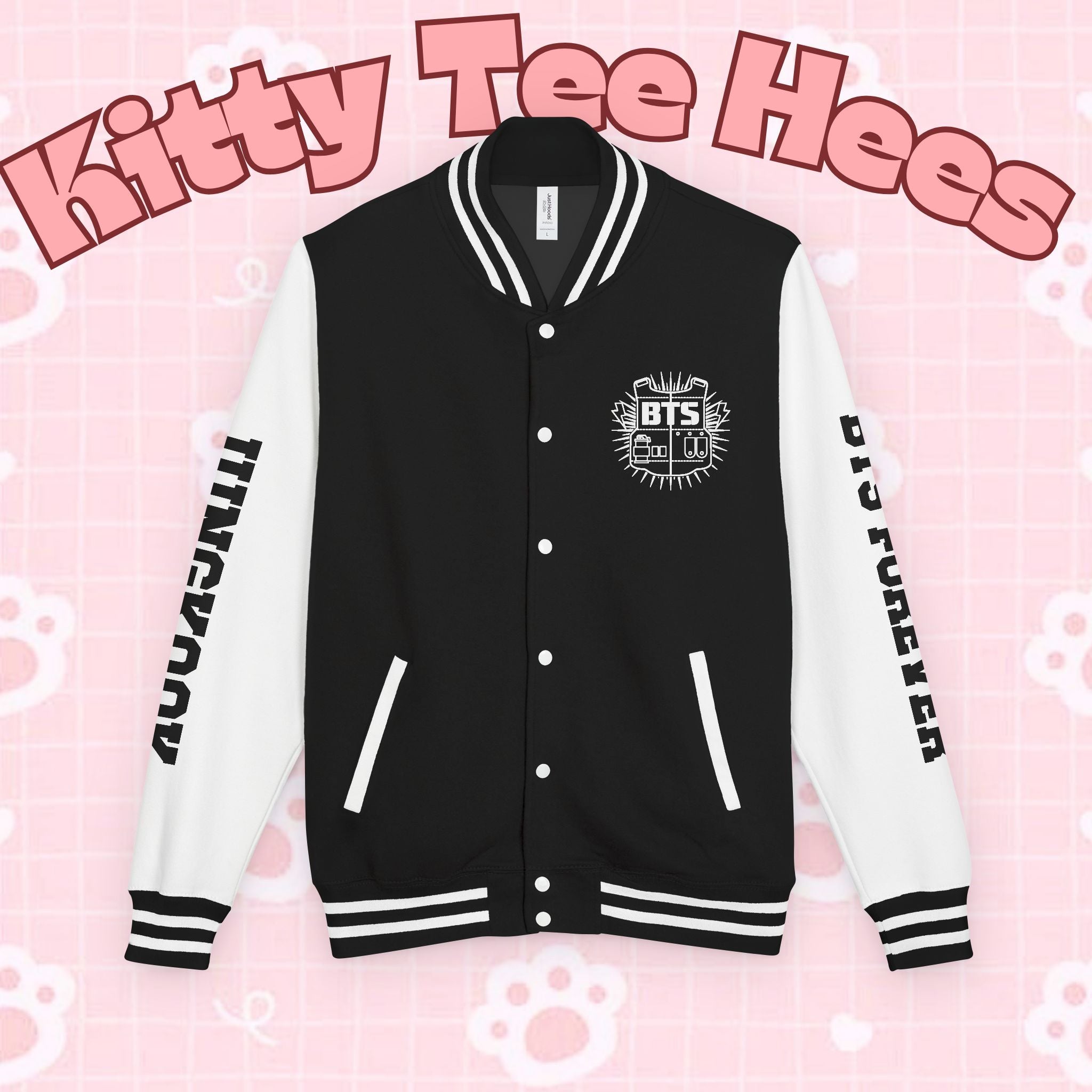 Personalized BTS logo letterman jacket with varsity style, featuring custom sleeve text and bold design, perfect for fans.