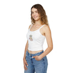 Cute girls' spaghetti strap tank top with a Pilates cat and yoga cat print, trendy summer apparel for women.