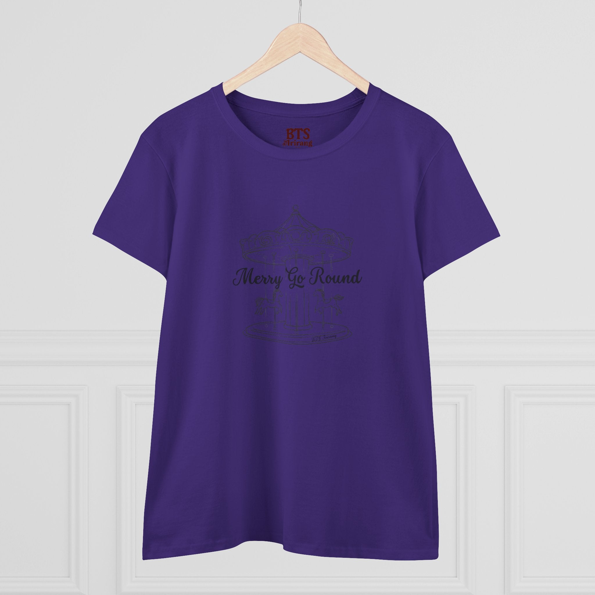 Printify Merry Go Round BTS Arirang 2026 album T-shirt with carousel sketch and lyric script back print, casual wearable design
