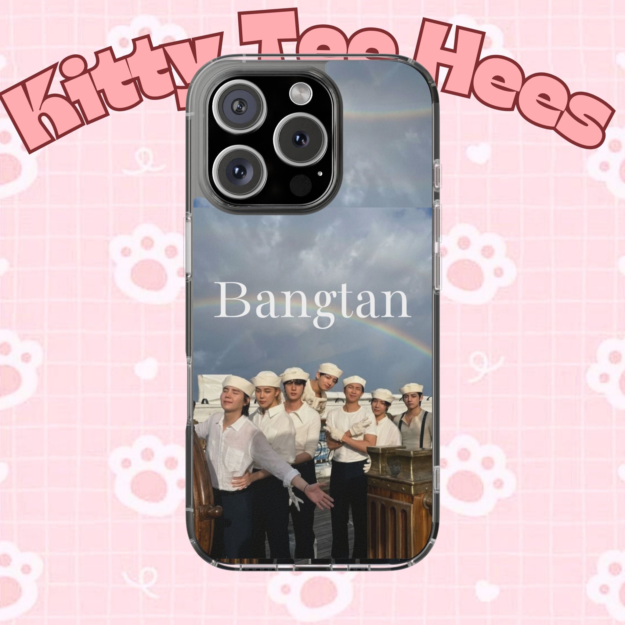 Clear impact-resistant phone case featuring cute Bangtan Boys K-pop design, compatible with smartphones.