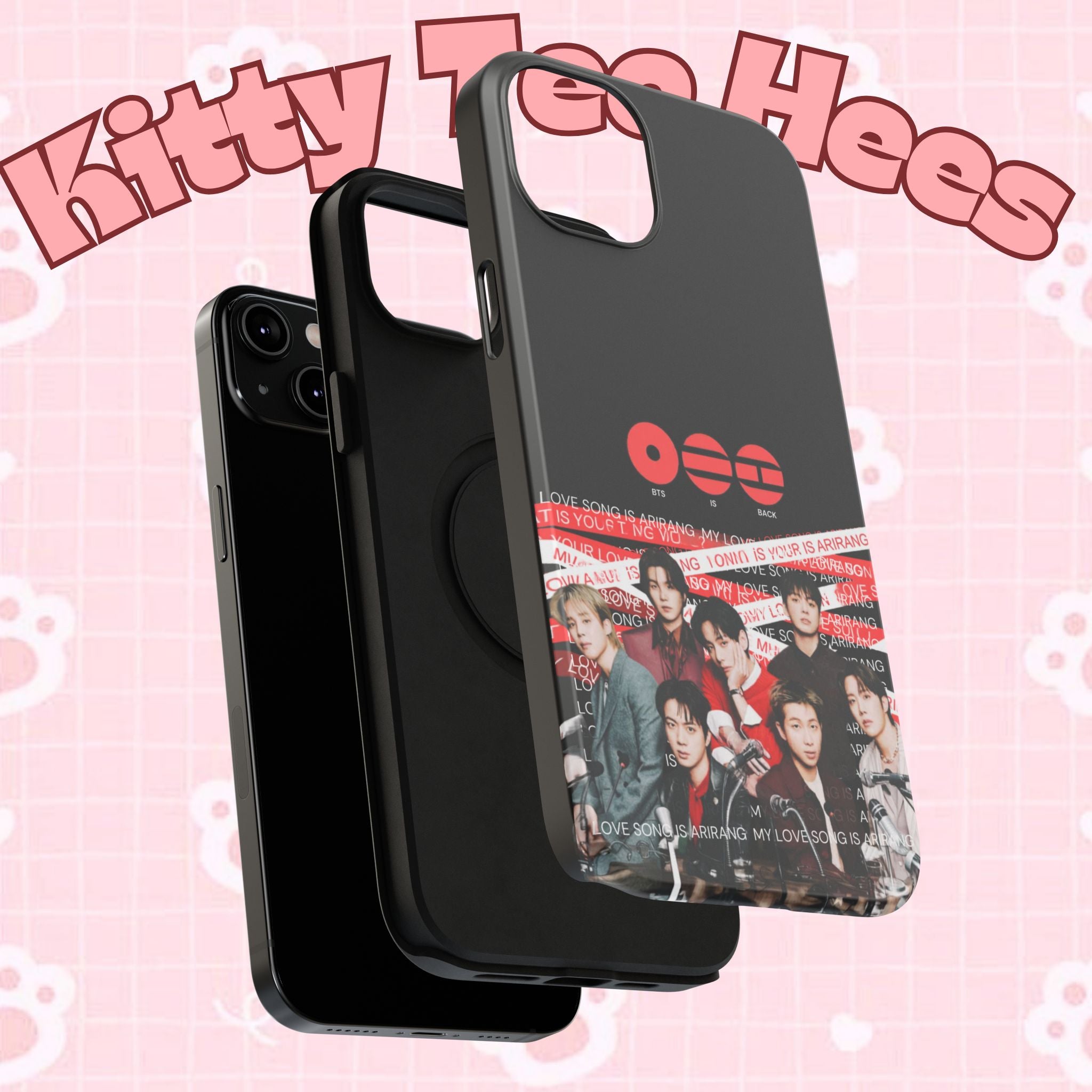 Custom BTS Bangtan Sonyeondan phone case by Printify featuring fan-made K-Pop boy band photo, impact-resistant design for smartphones.