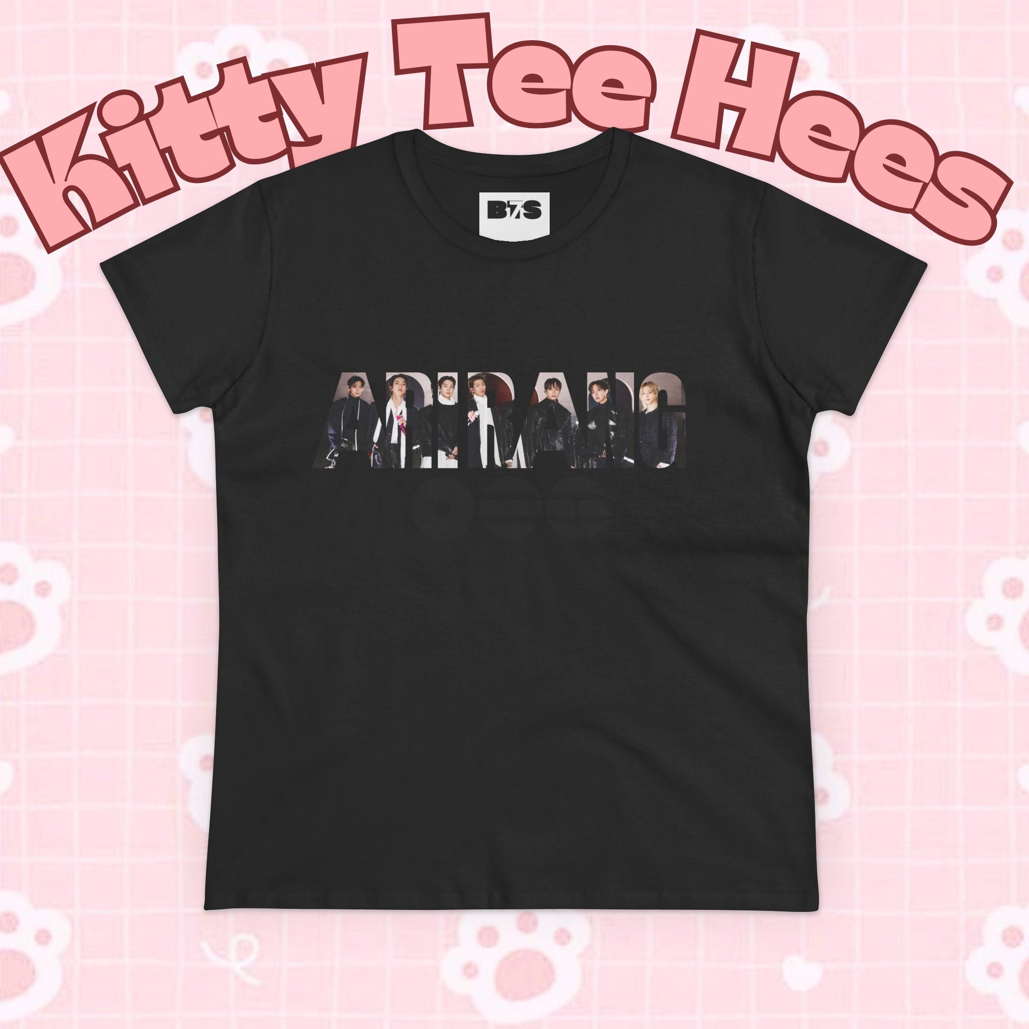 BTS ARIRANG graphic T-shirt featuring Bangtan Boys logo and member names, casual style, printed by Printify.