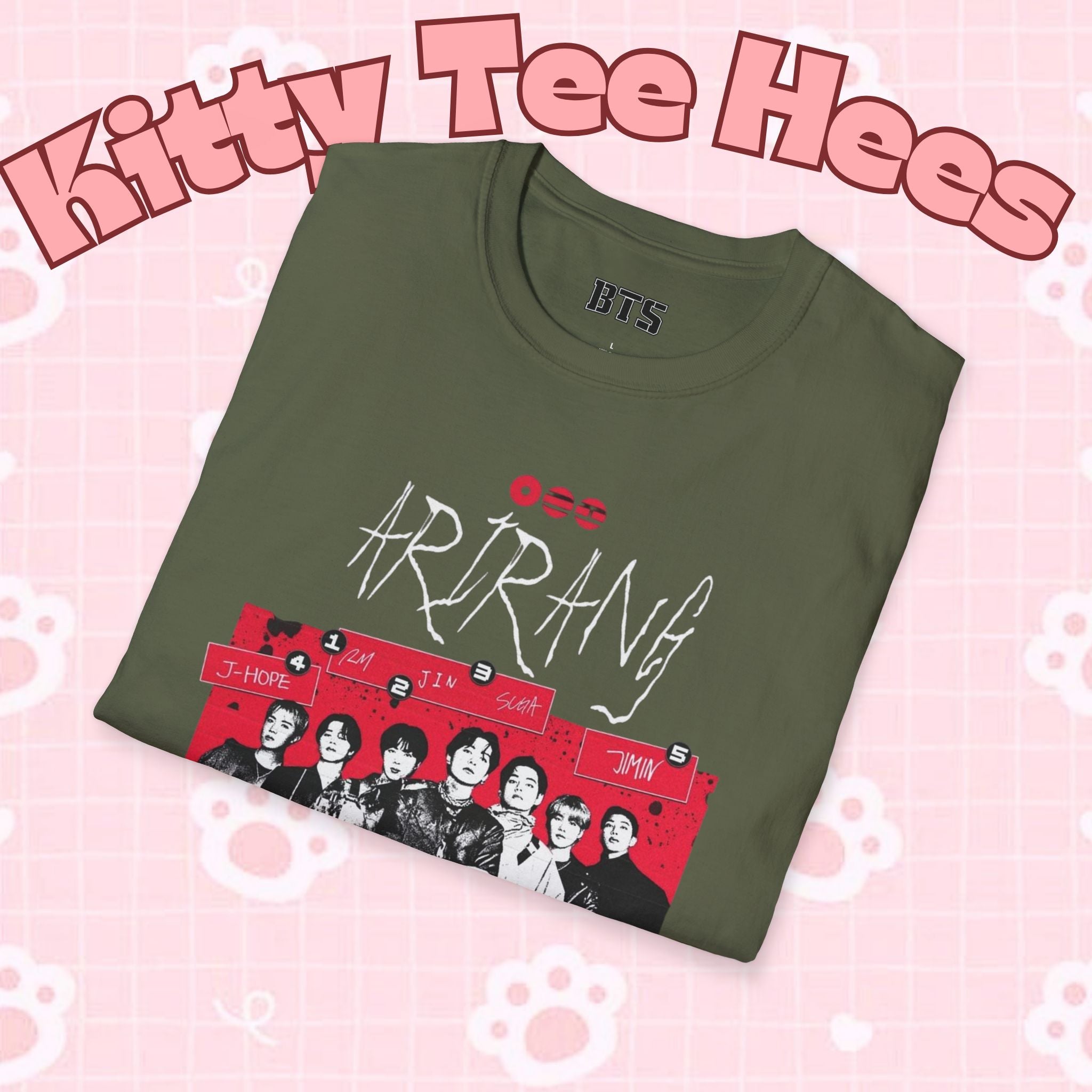 Arirang2026 BTS concert T-shirt featuring band photo, K-pop merch, unisex printed tee by Printify, casual band fan apparel.