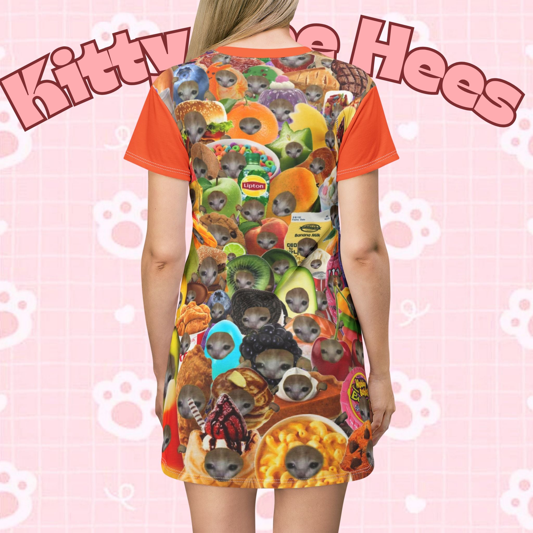 Funny Cat Food T-Shirt Dress with all-over meme cat collage, casual wear for animal lovers, by Printify.