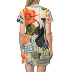 Blue and orange cat-themed T-shirt dress with floral all-over print, casual wear for cat lovers, by Printify