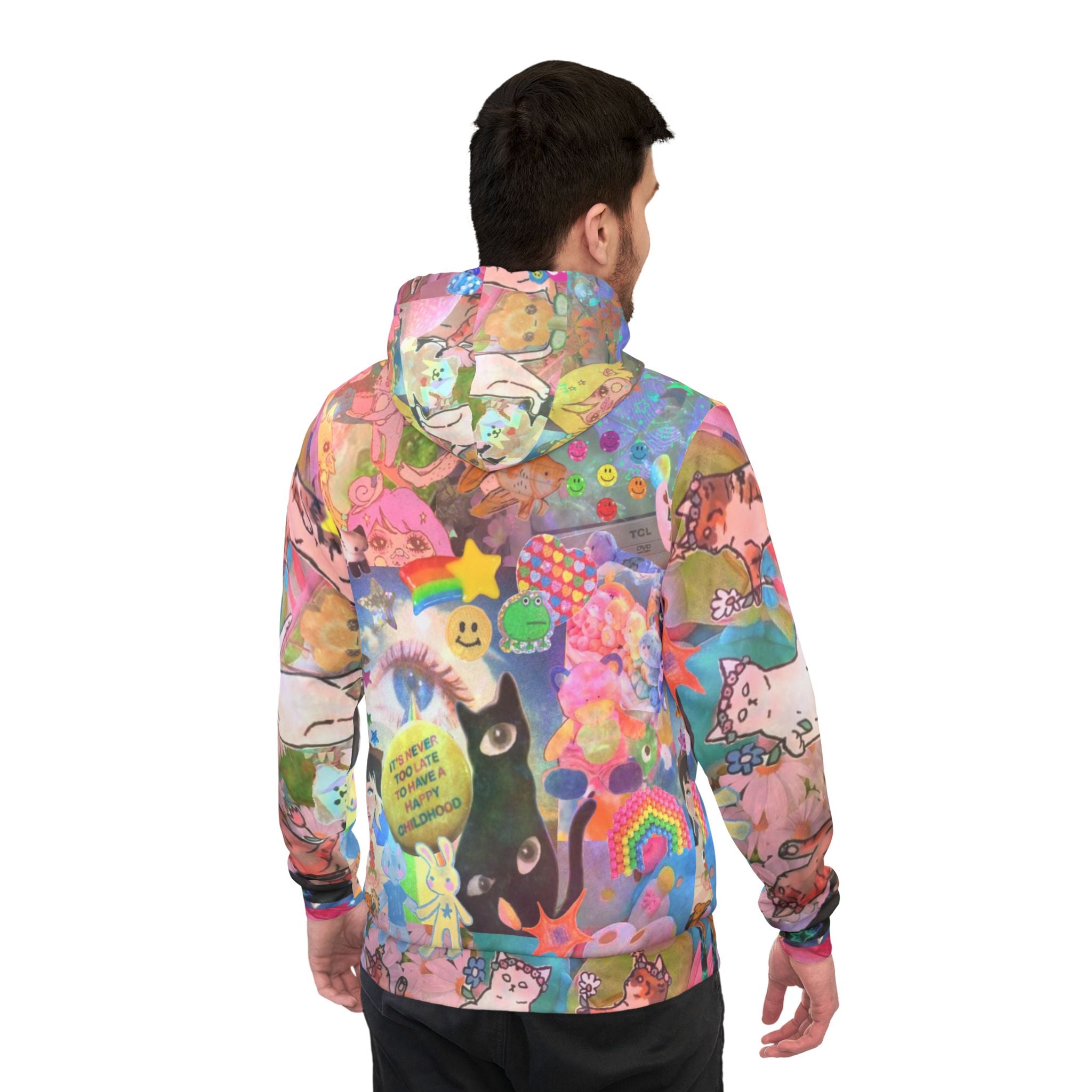 Colorful cat-inspired hoodie with whimsical all-over print, featuring fun graphic design and vibrant casual style for kids.