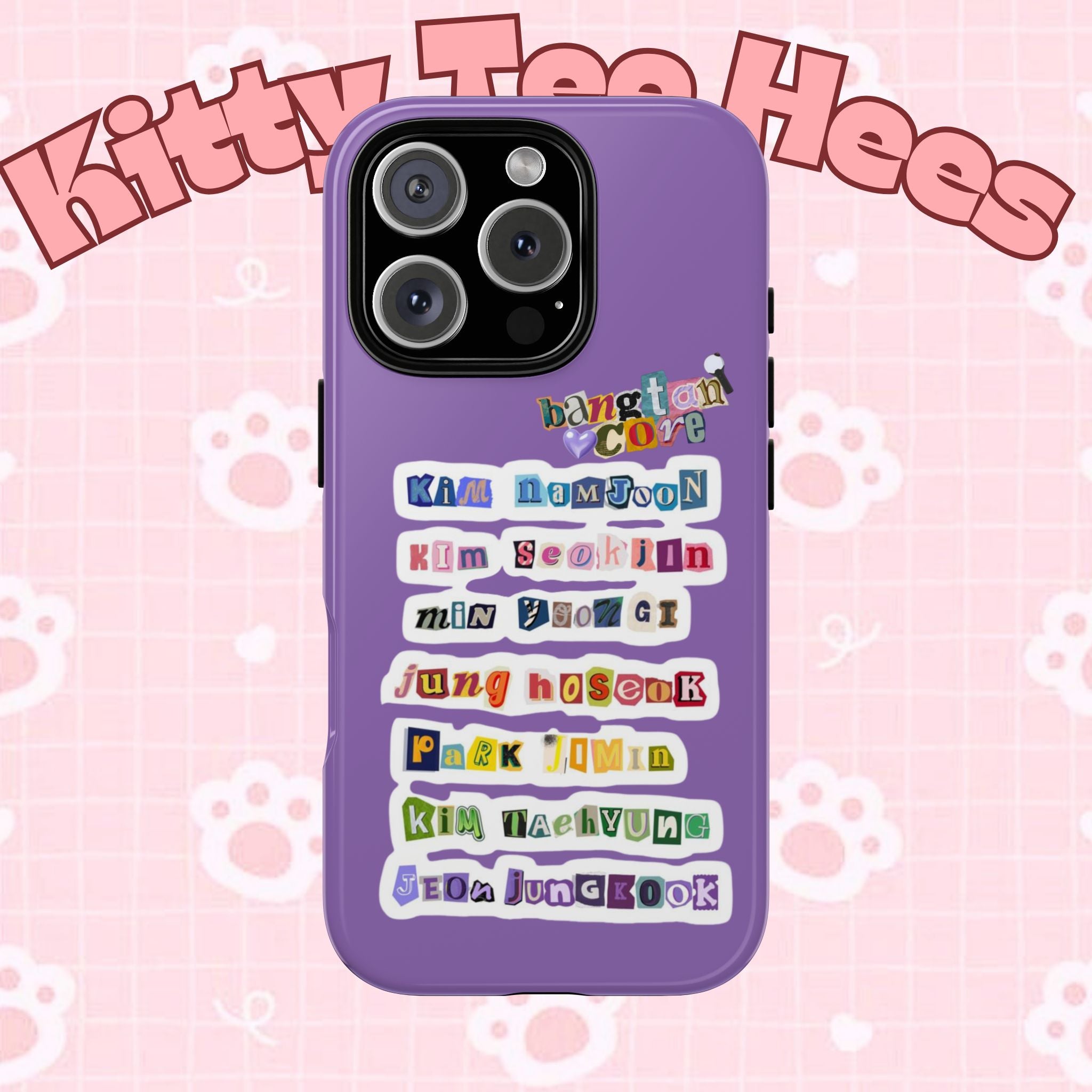 Printify BTS member names phone case featuring Jungkook, Jimin, and Rap Monster for iPhone 17, with a tough protective design.