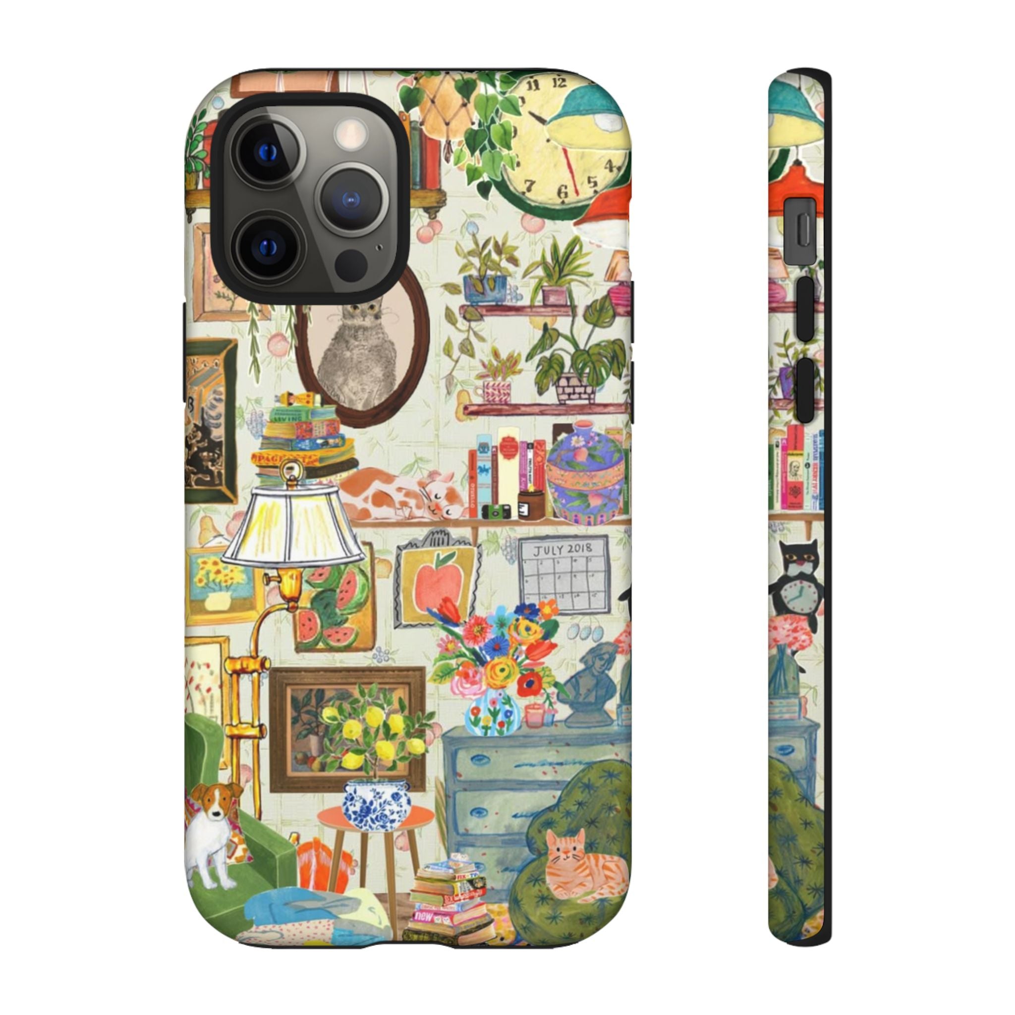 Cute cat portrait phone case for iPhone 17 by Printify, featuring a cozy living room pet home design with stylish detail.