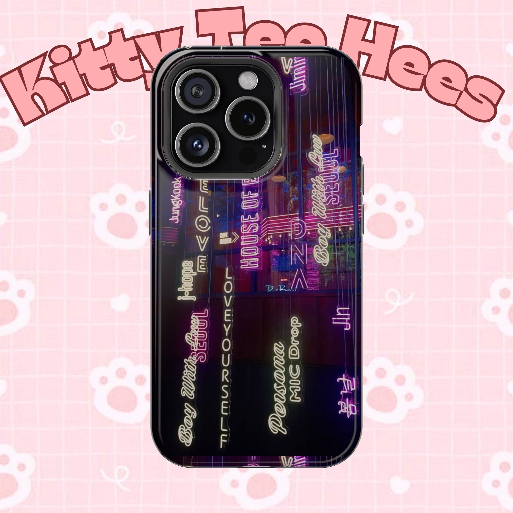 Neon Korean Script BTS phone case for iPhone and Samsung, impact-resistant design with Bangtan Sonyeondan branding.