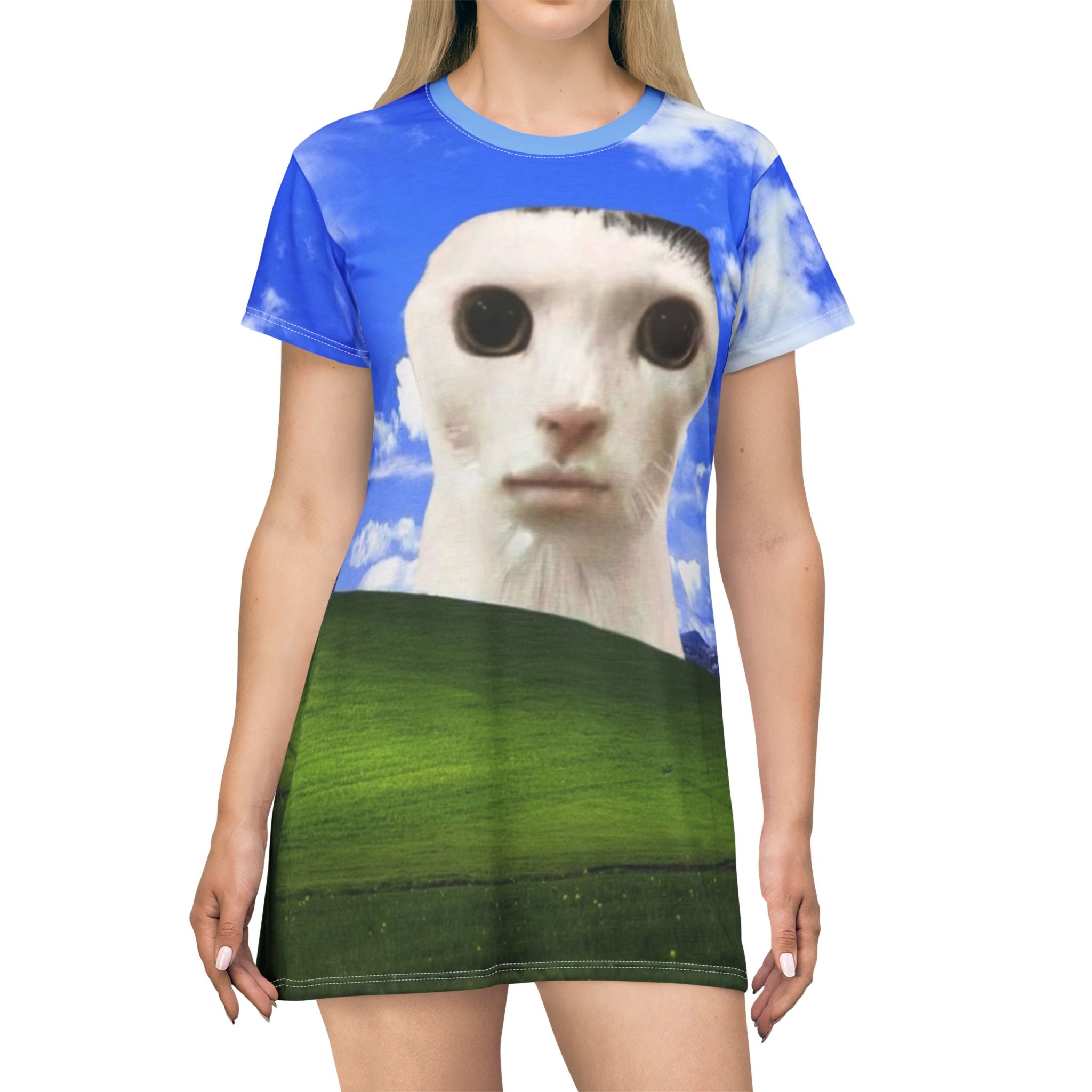 All-over print whimsical cat T-shirt dress featuring a funny meme cat lurking, designed by Printify for a playful look.