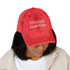 Vintage style embroidered hat with "Hot Girls Love Cats" design, casual wear accessory, featuring colorful cat and text embroidery.