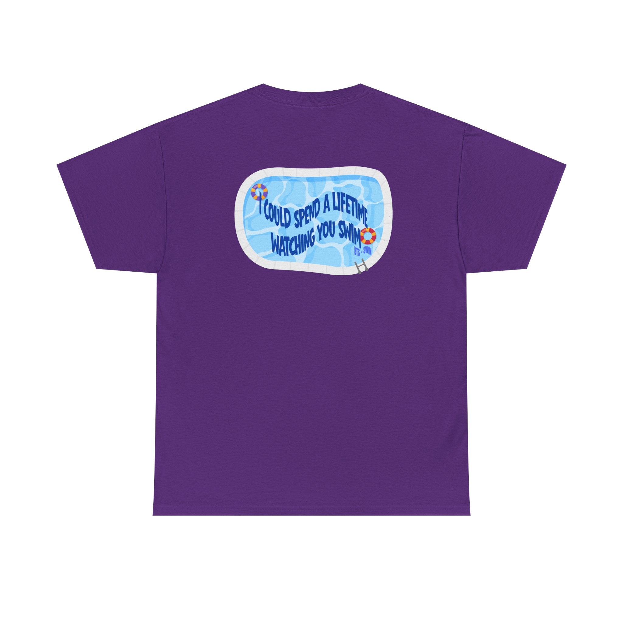 Blue BTS swim graphic T-shirt from Printify featuring Arirang pool design and "I could spend a lifetime watching you swim" print.
