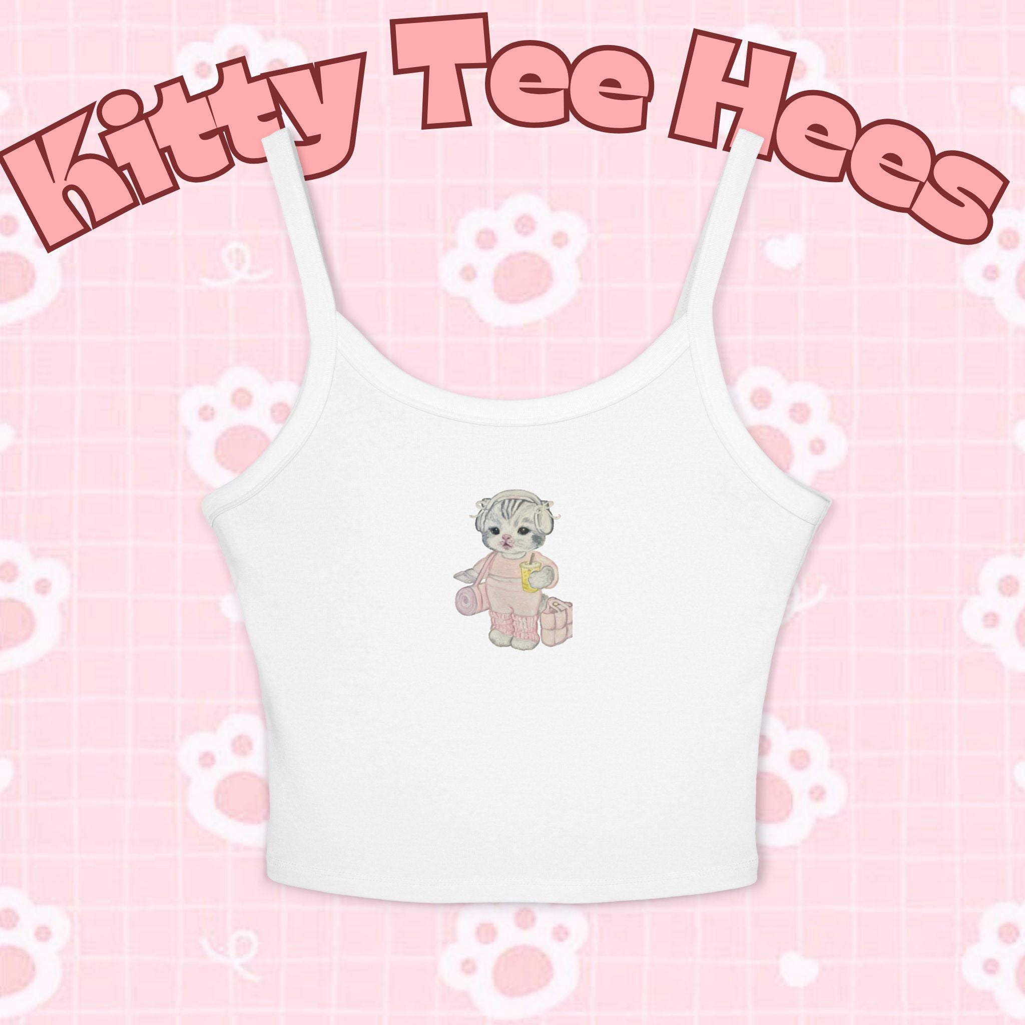 Cute pink spaghetti strap tank top for women featuring a Pilates and yoga cat design, perfect for summer casual wear.