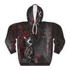 Gothic cat art unisex hoodie with all-over print, cozy streetwear style, featuring unique gothic feline design.