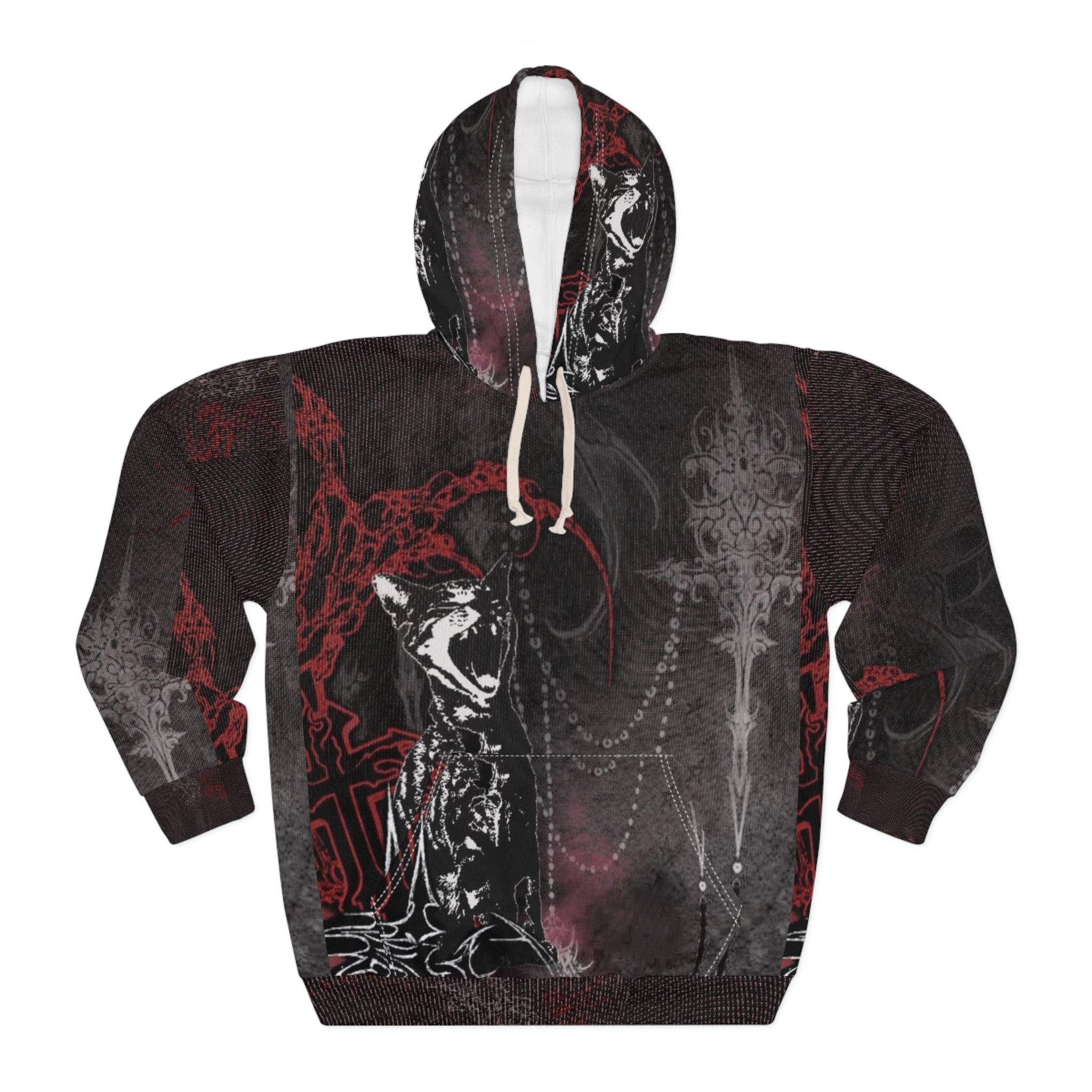 Gothic cat art unisex hoodie with all-over print, cozy streetwear style, featuring unique gothic feline design.