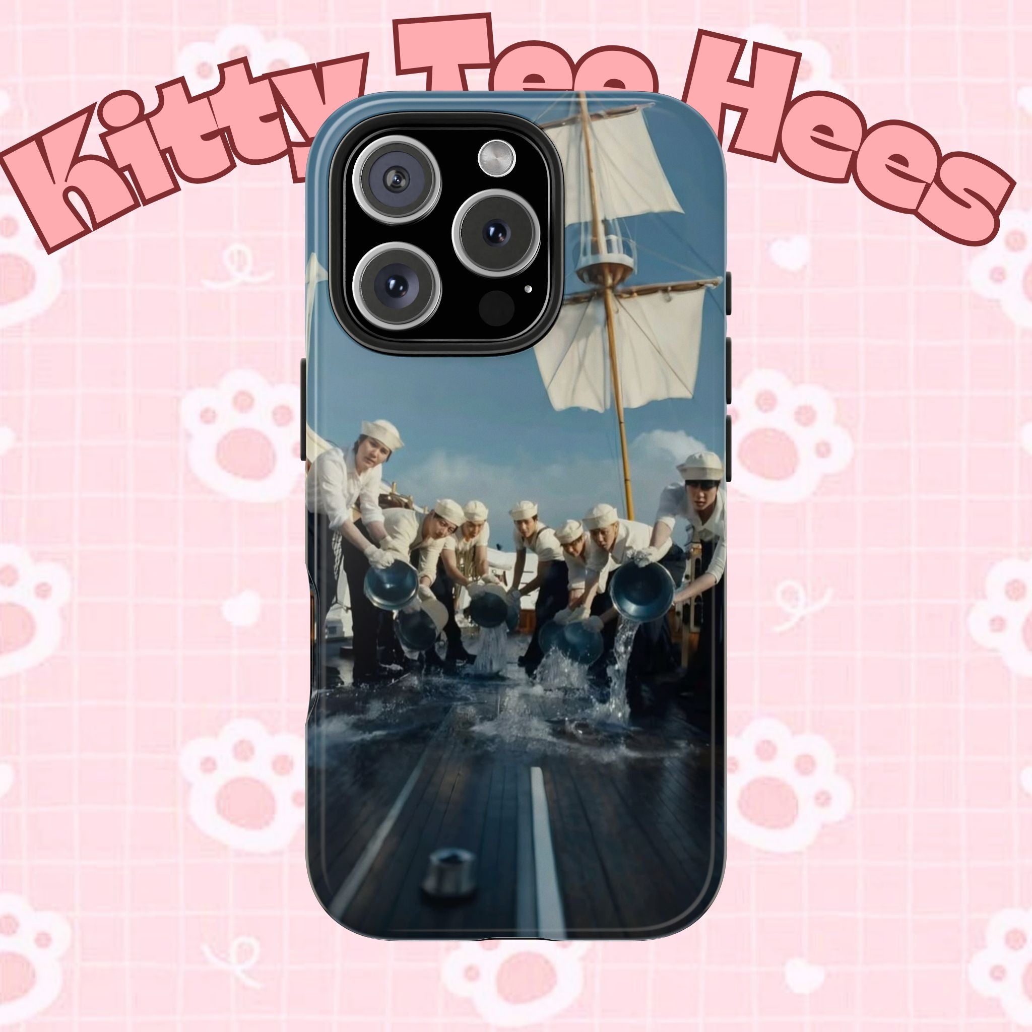 Cute Sailor BTS phone case with K-pop design, featuring BTS Arirang logo and colorful graphics on a protective Printify cover.
