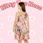 Pastel pink letters on vintage women's skater dress with all-over print, casual summer outfit, bohemian style, and cute design.