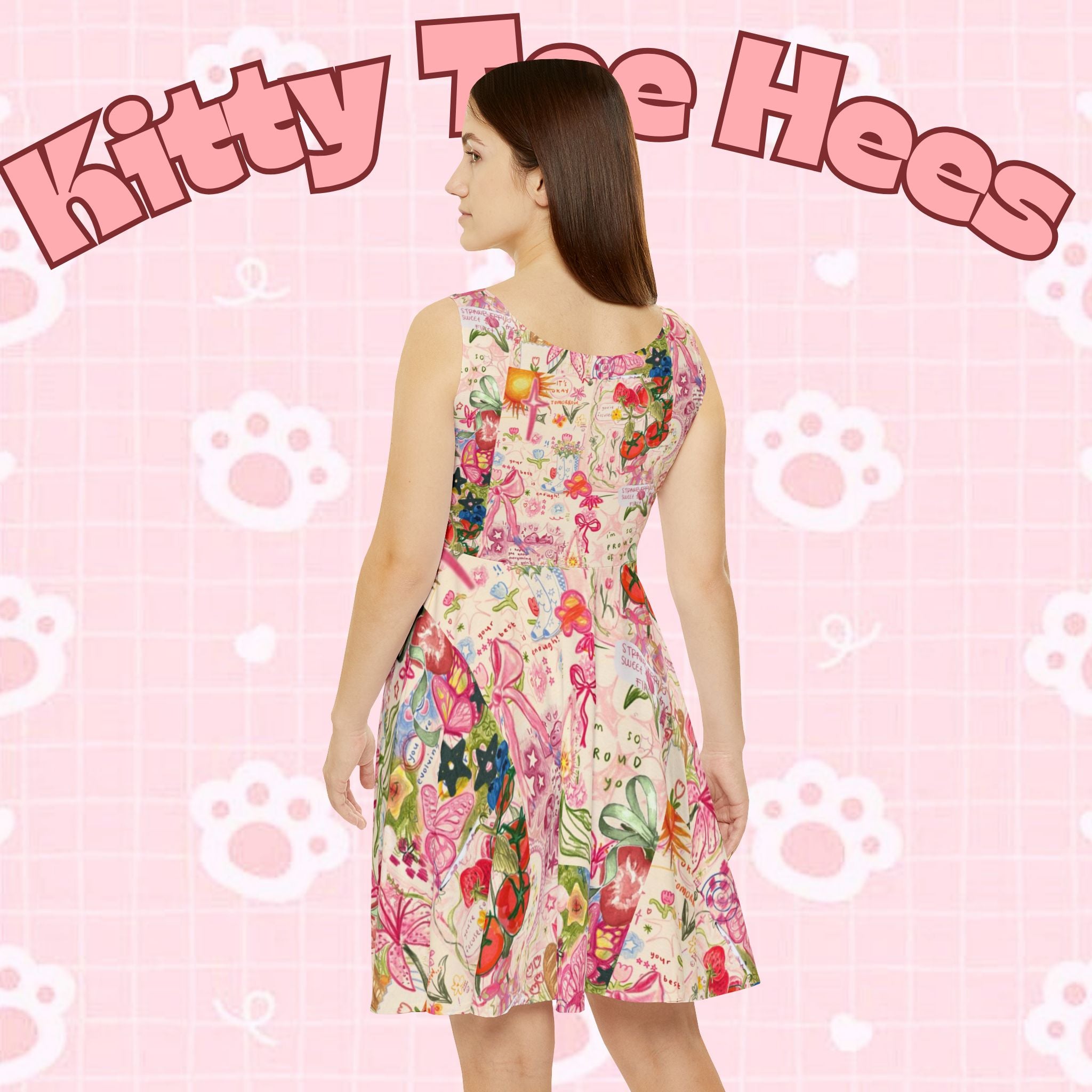 Pastel pink letters on vintage women's skater dress with all-over print, casual summer outfit, bohemian style, and cute design.