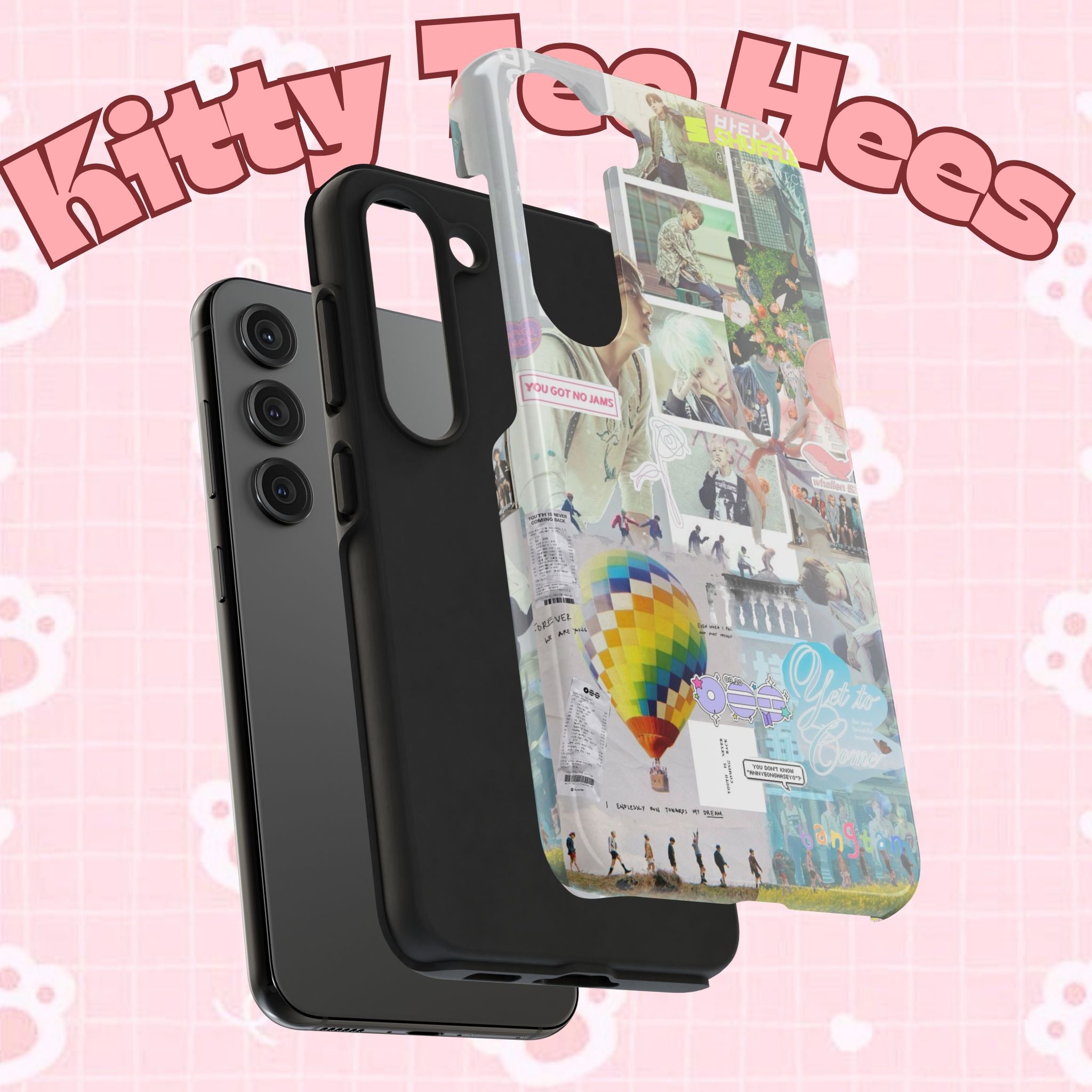 Printify BTS collage phone case for iPhone and Samsung with pastel hot air balloon and K-pop photo collage design.