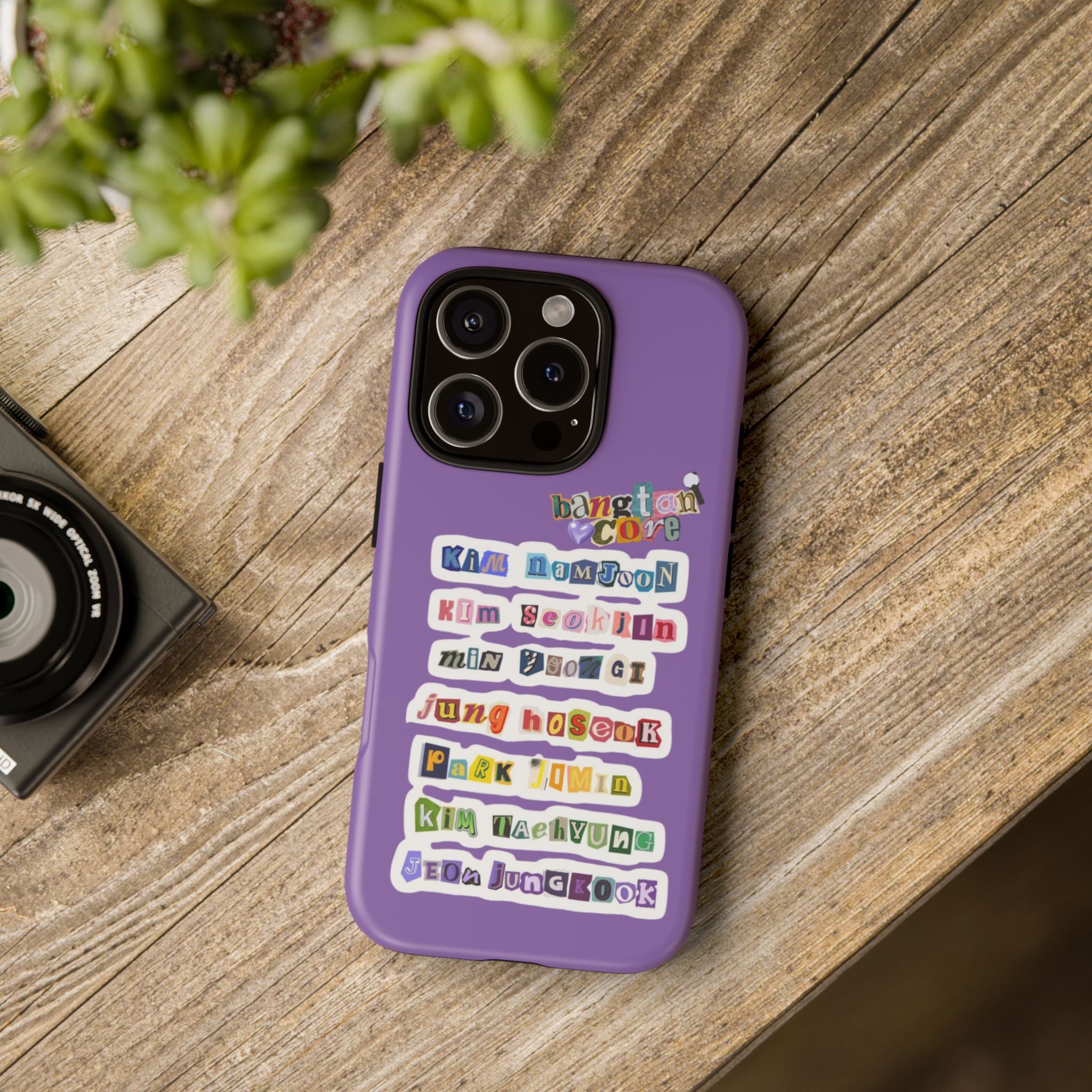 BTS member names phone case featuring Jungkook, Jimin, and Rapmonster for iPhone 17, durable Printify tough case.