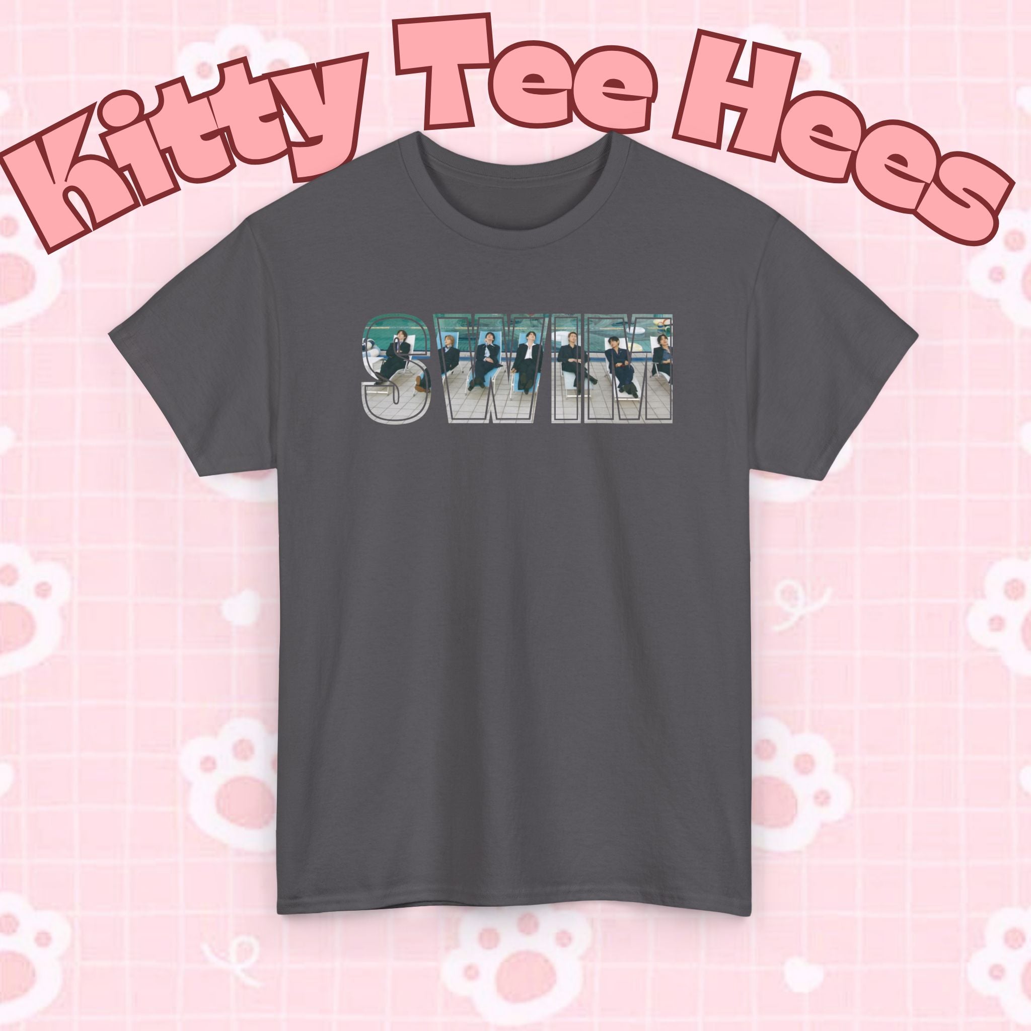 Printify BTS swim graphic T-shirt featuring a pool design and "I could spend a lifetime watching you swim" slogan on the back.