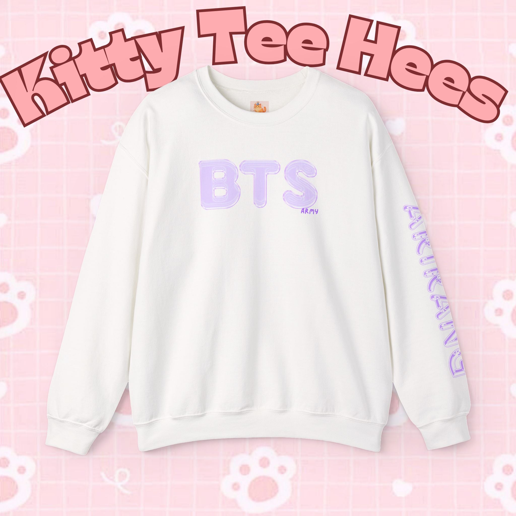 Lavender BTS Logo arirang crewneck sweatshirt with K-pop band print, comfortable pullover for concerts and casual wear.