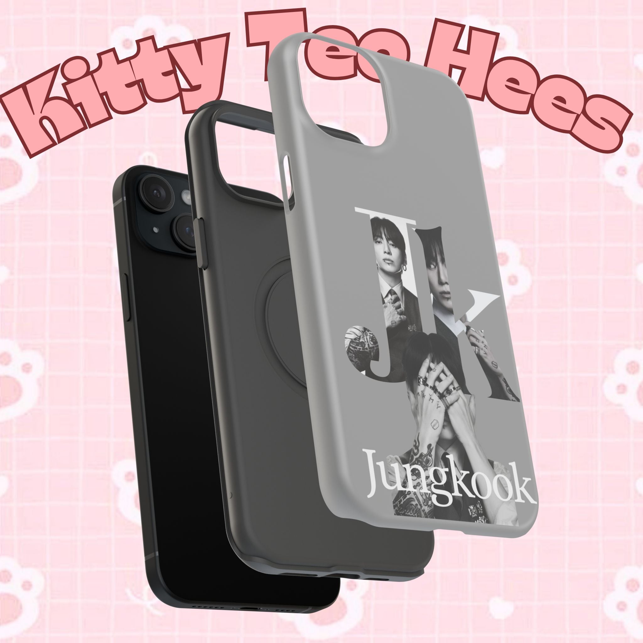 Printify monochrome BTS Jungkook phone case featuring bold letter design, impact-resistant protection for popular BTS fan smartphones.