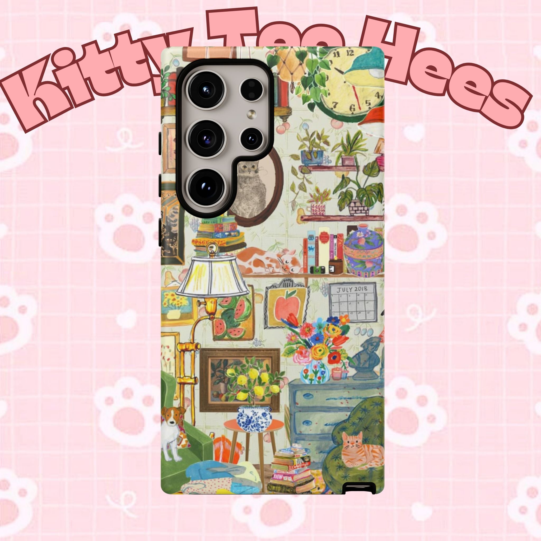Cute cat portrait phone case for iPhone 17, styled with a cozy living room theme, by Printify.