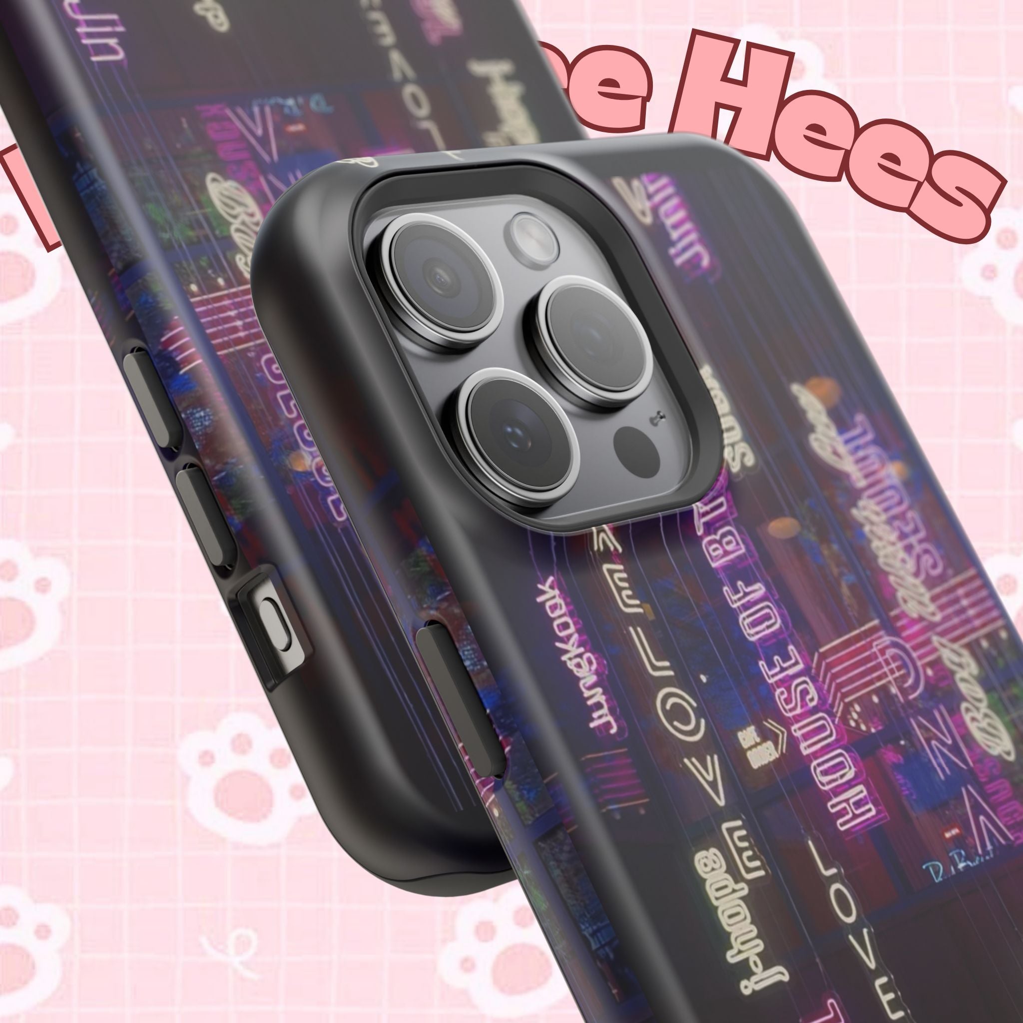 Neon Korean script BTS phone case for iPhone and Samsung, impact-resistant design with Bangtan Sonyeondan branding.