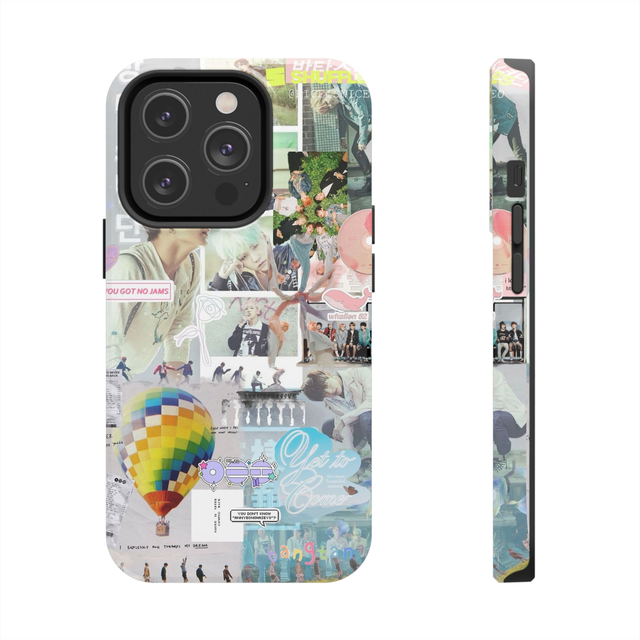 Printify BTS collage phone case for iPhone and Samsung featuring pastel hot air balloon and K-Pop photo collage design.