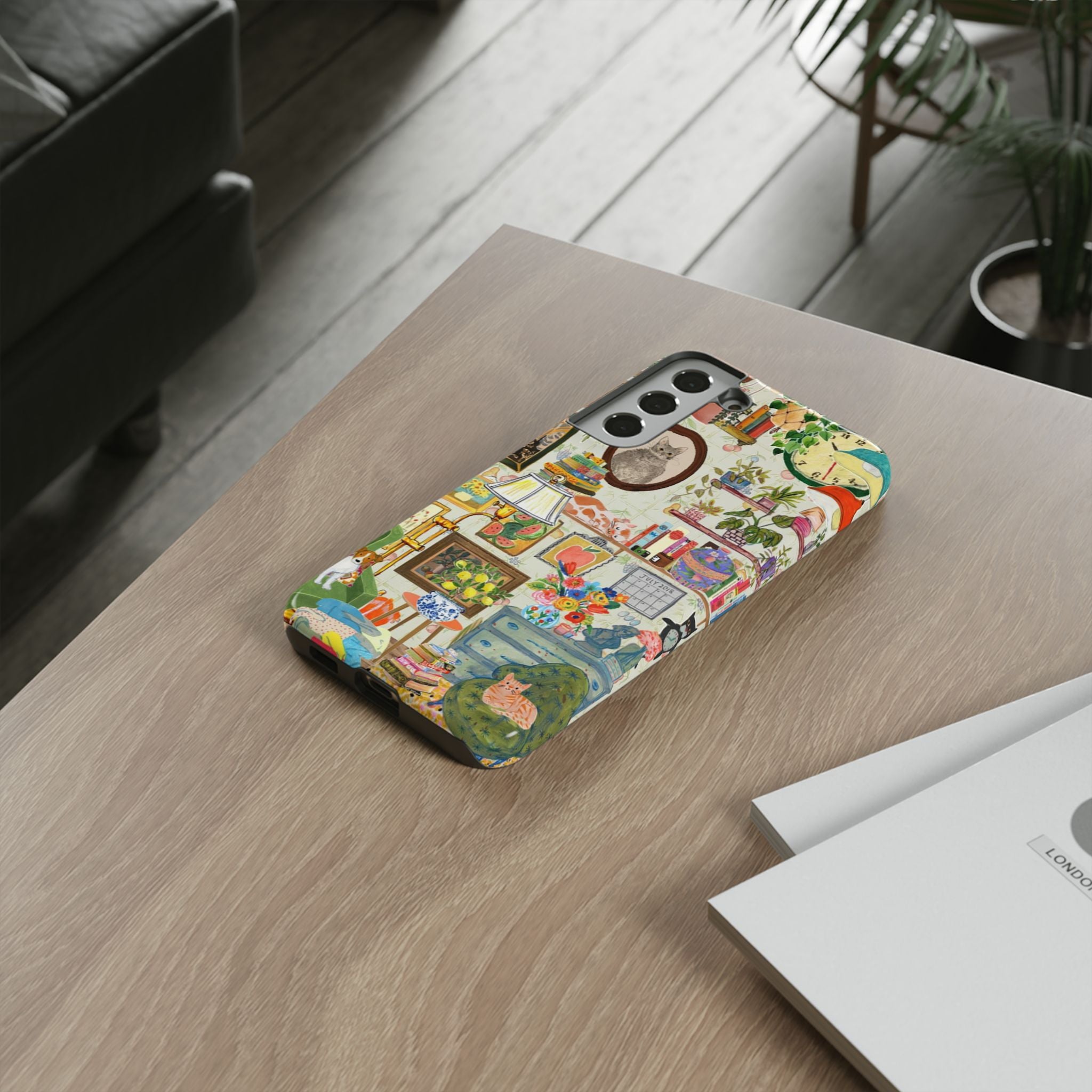 Cute cat portrait on a stylish framed phone case for iPhone 17, perfect for cozy living room pet lovers.