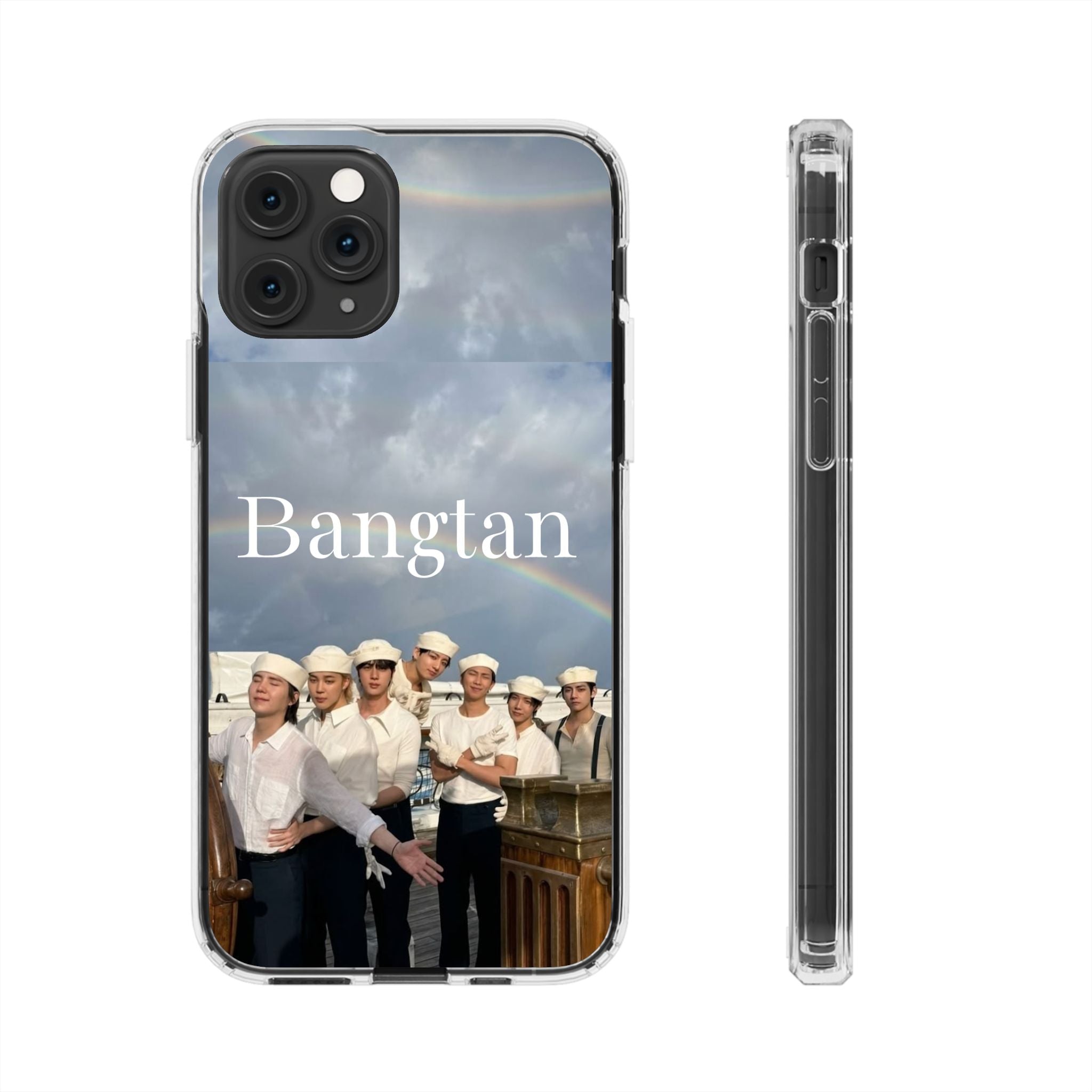Clear impact-resistant phone case featuring Bangtan K-pop design, suitable for smartphones, with cute Bangtan-themed artwork.